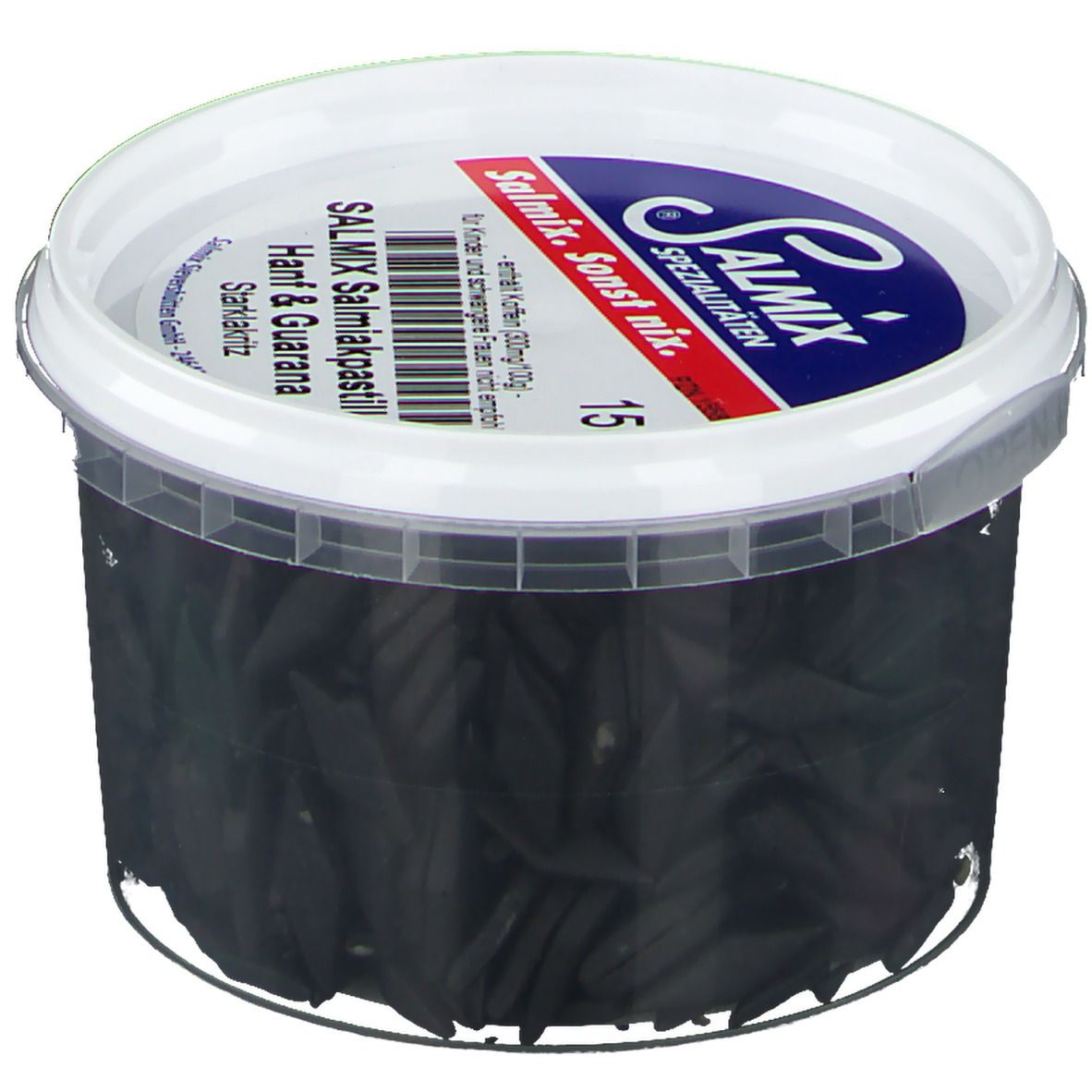 Transparenter Behälter mit schwarzen Pastillen. Deckel mit SALMIX-Logo und Produktbezeichnung: Salmiakpastillen Hanf & Guarana. 150g.