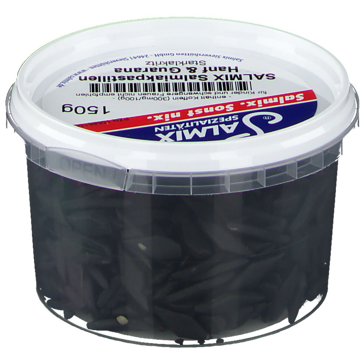 Runder, transparenter Behälter mit schwarzen Pastillen. Deckel mit SALMIX-Logo und Produktbezeichnung: Salmiakpastillen Hanf & Guarana. 150g.