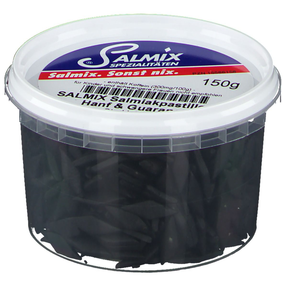 Transparenter Behälter mit schwarzen Pastillen. Deckel mit SALMIX-Logo und Produktbezeichnung: Salmiakpastillen Hanf & Guarana. 150g.