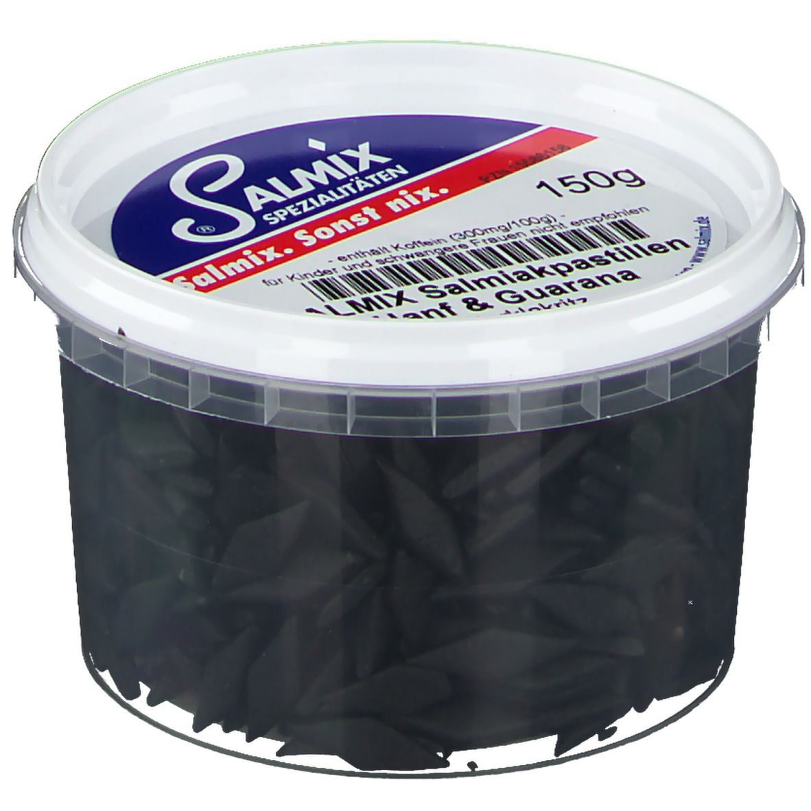 Runder, transparenter Behälter mit schwarzen Pastillen. Deckel mit SALMIX-Logo und Produktbezeichnung: Salmiakpastillen Hanf & Guarana. 150g.