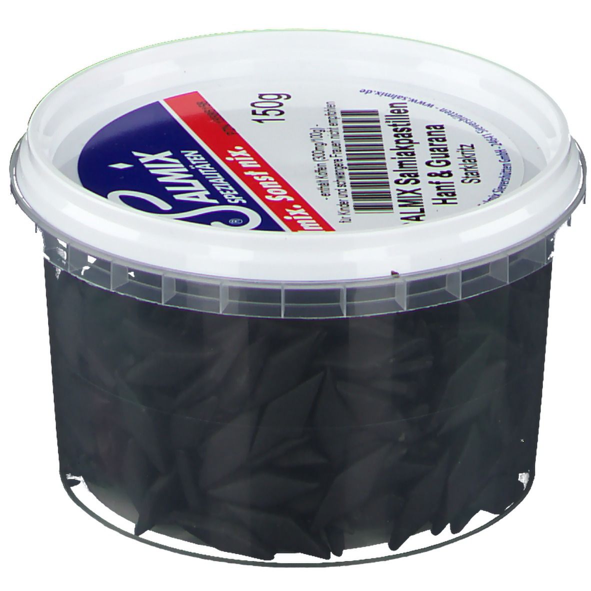 Transparenter Behälter mit schwarzen Pastillen. Deckel mit SALMIX-Logo und Produktbezeichnung: Salmiakpastillen Hanf & Guarana. 150g.