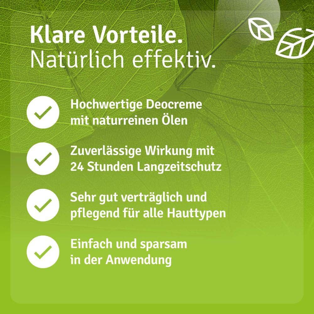 Grüner Hintergrund mit Text: Klare Vorteile. Natürlich effektiv. Aufzählung von Eigenschaften der Deocreme.