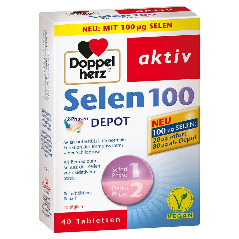 Verpackung von Doppelherz aktiv Selen 100 Depot. Enthält 40 Tabletten. Mit Logo, Produktnamen und Angaben zu Inhaltsstoffen.