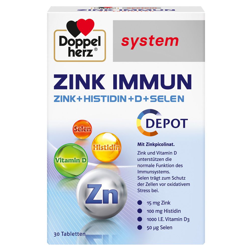 Doppelherz system ZINK IMMUN. Packung mit 30 Tabletten. Enthält Zink, Histidin, Vitamin D und Selen. Depot-Tabletten.