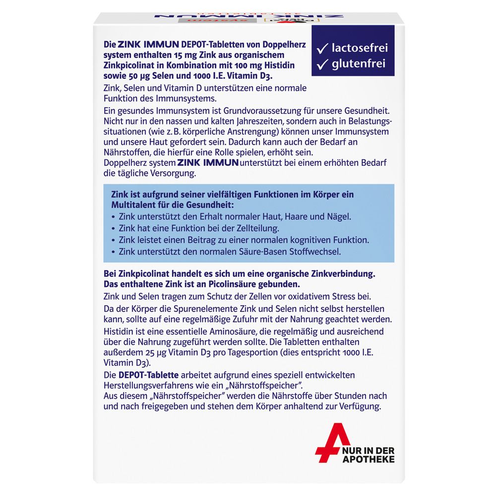Rückseite der ZINK IMMUN Depot-Tabletten-Verpackung. Informationen zu Inhaltsstoffen, Anwendung und Inhaltsstoffen. Lactose- und glutenfrei.