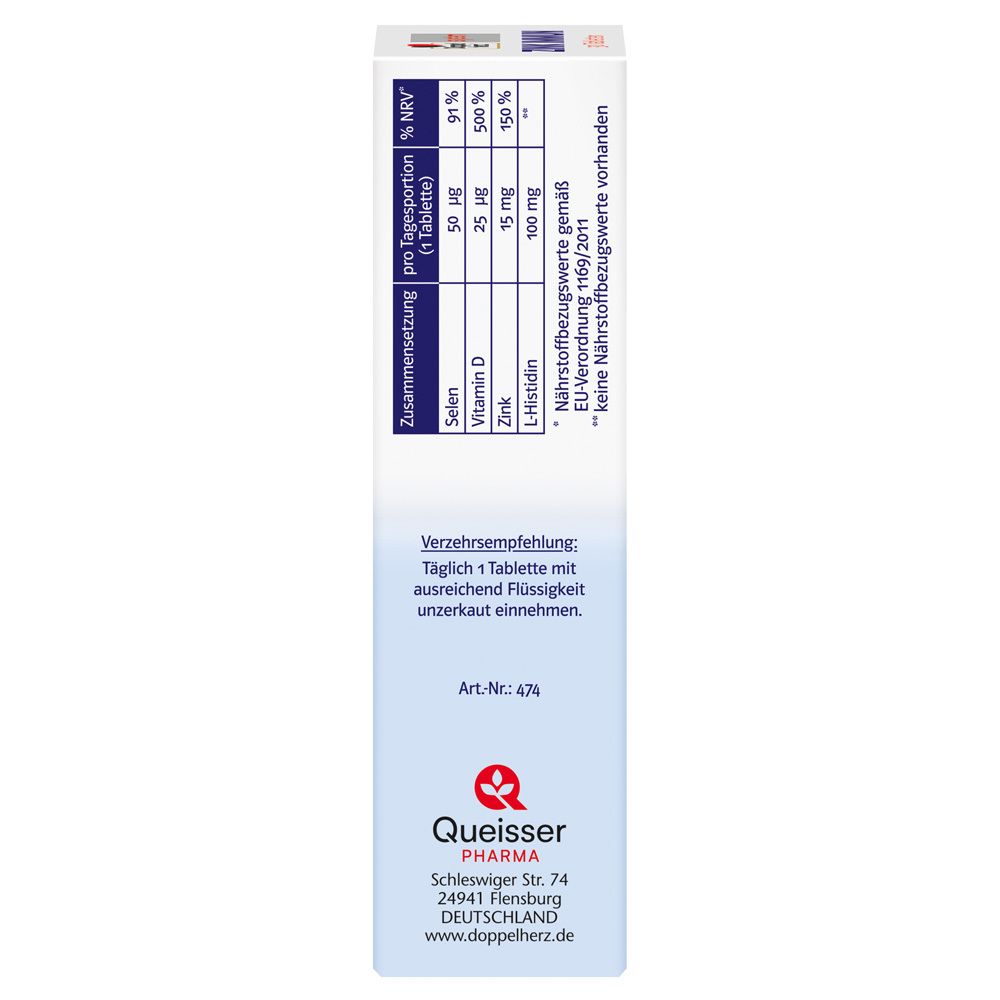 Seite der ZINK IMMUN-Verpackung. Enthält Nährwertangaben und Verzehrempfehlung. Queisser Pharma, Deutschland.