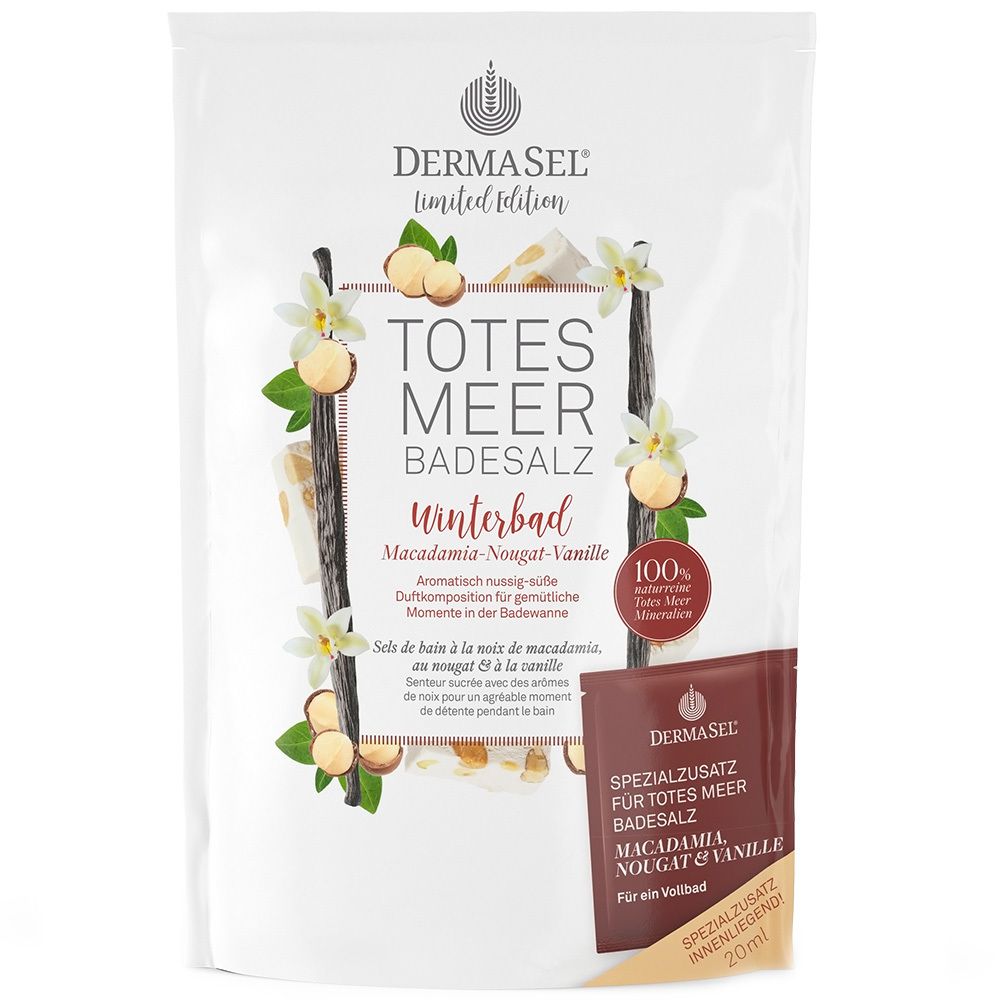 Weißer Beutel mit Produktaufdruck. Text: DermaSel, Totes Meer Badesalz Winterbad Macadamia-Nougat-Vanille. Mit Zusatzbeutel.