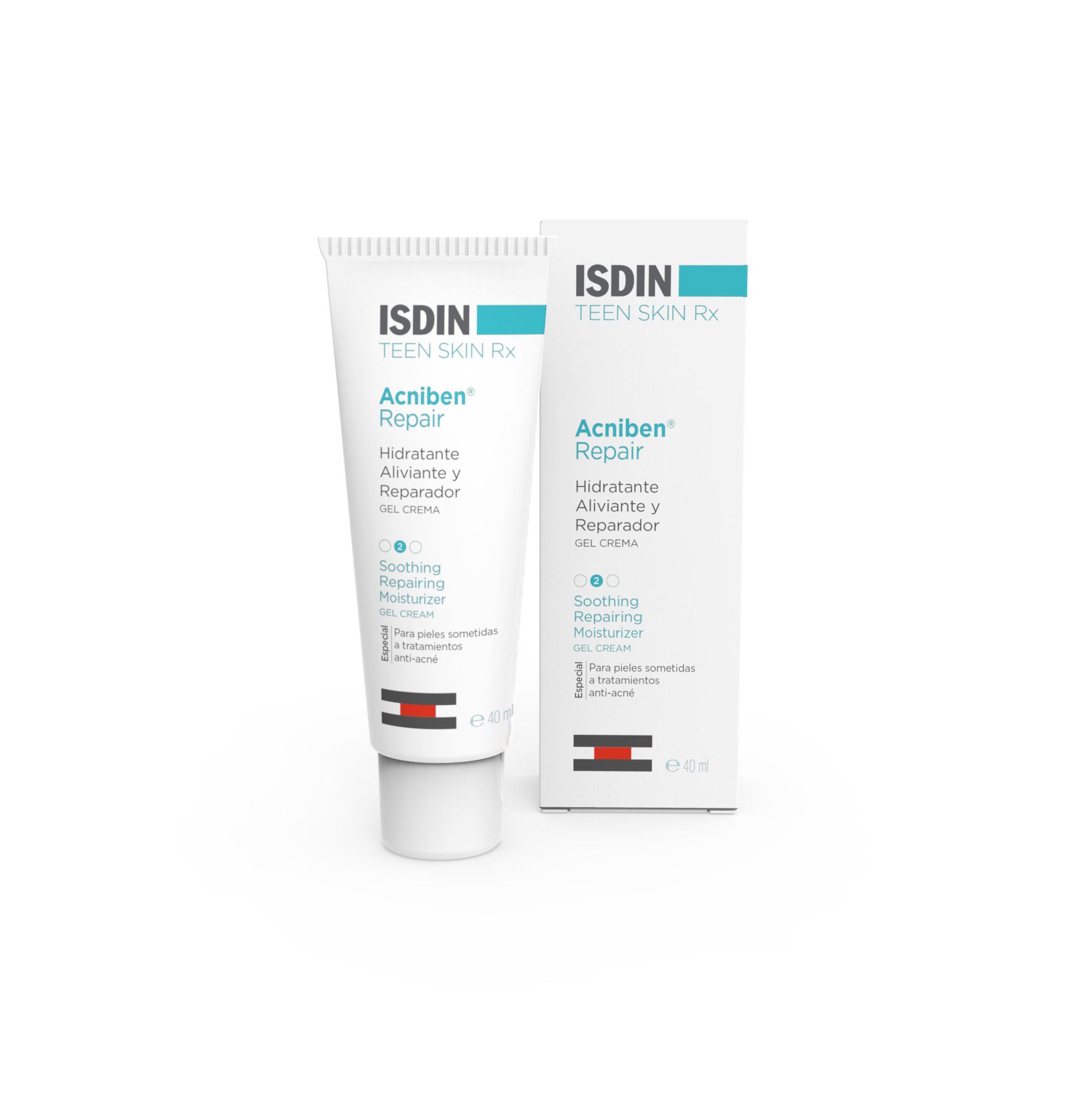 ISDIN Acniben Repair. Tube und Verpackung. Weiß, blau und rot. Text.