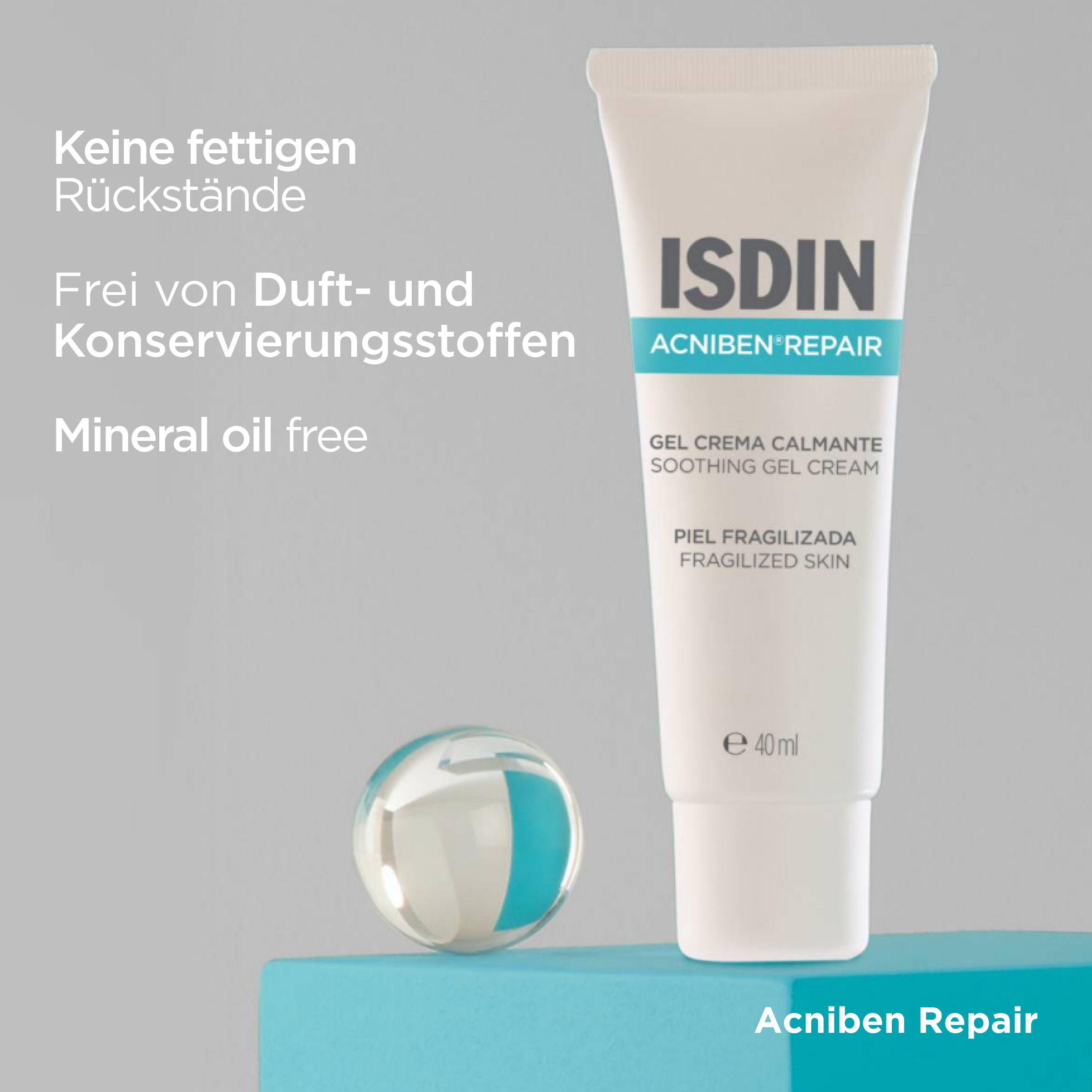 ISDIN Acniben Repair Tube. Weiß, blau. Text. Kugel.