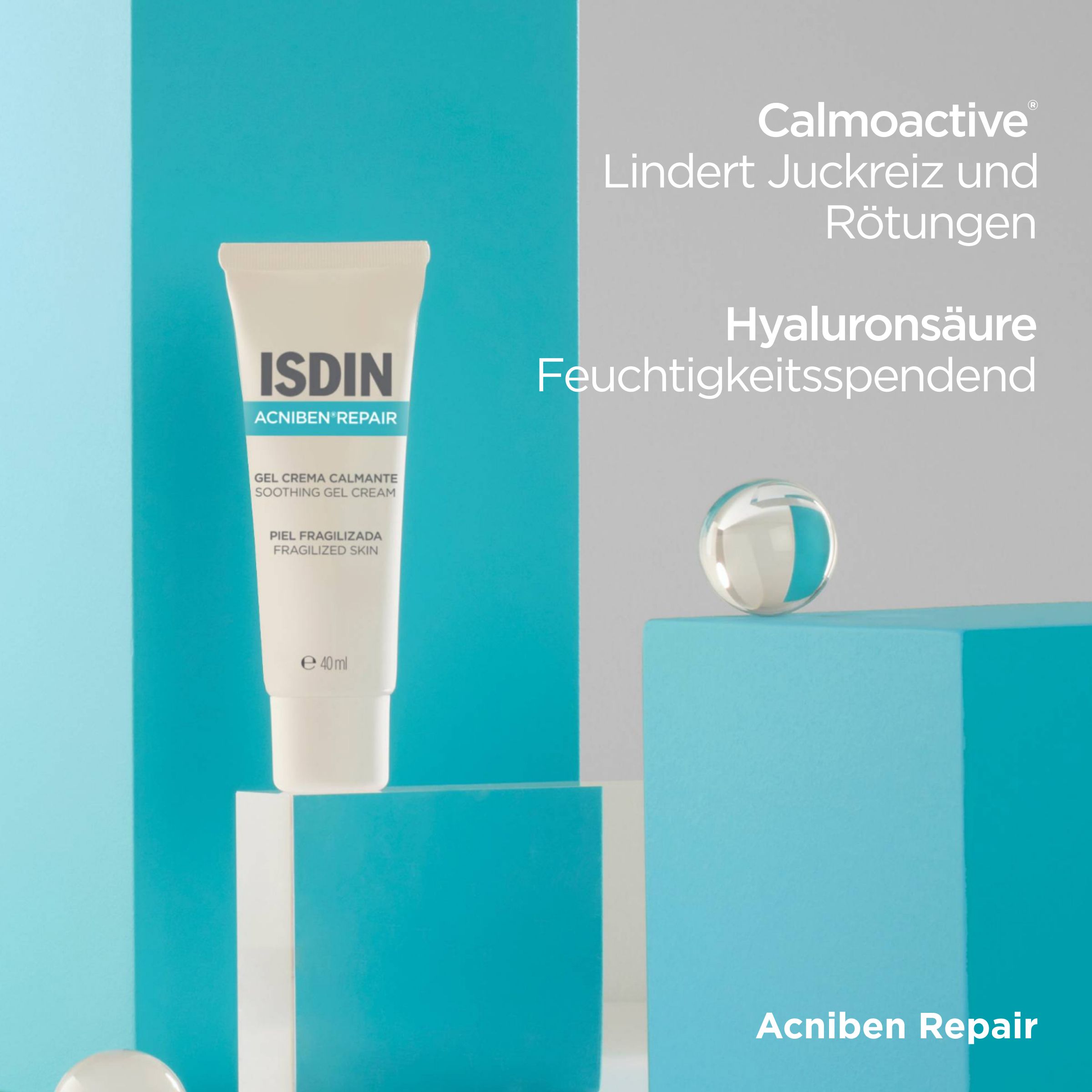 ISDIN Acniben Repair Tube. Blau, weiß. Text. Kugel.