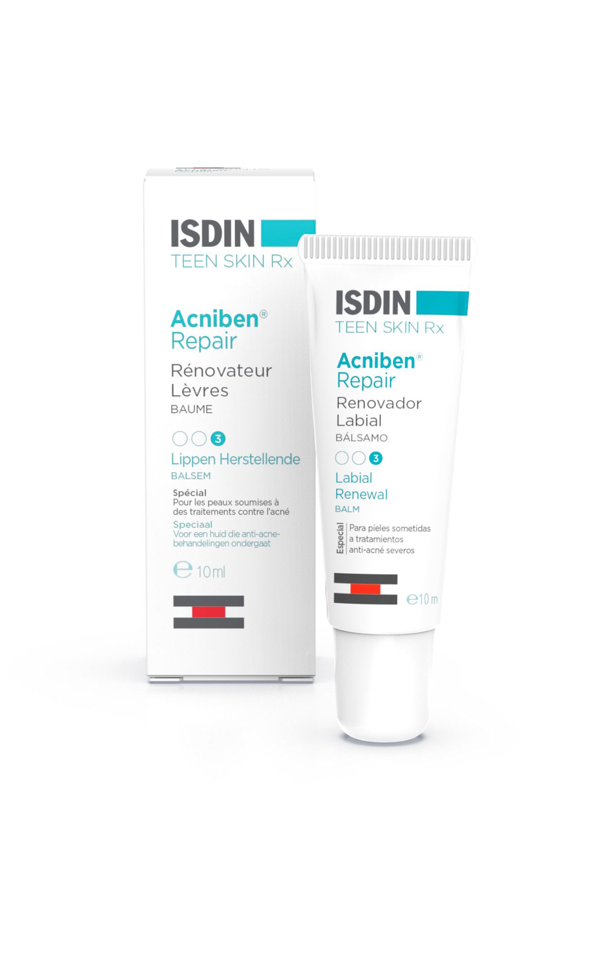ISDIN Acniben Repair Lippenbalsam und Verpackung. Weißes Tube mit blauer Schrift. 10 ml.
