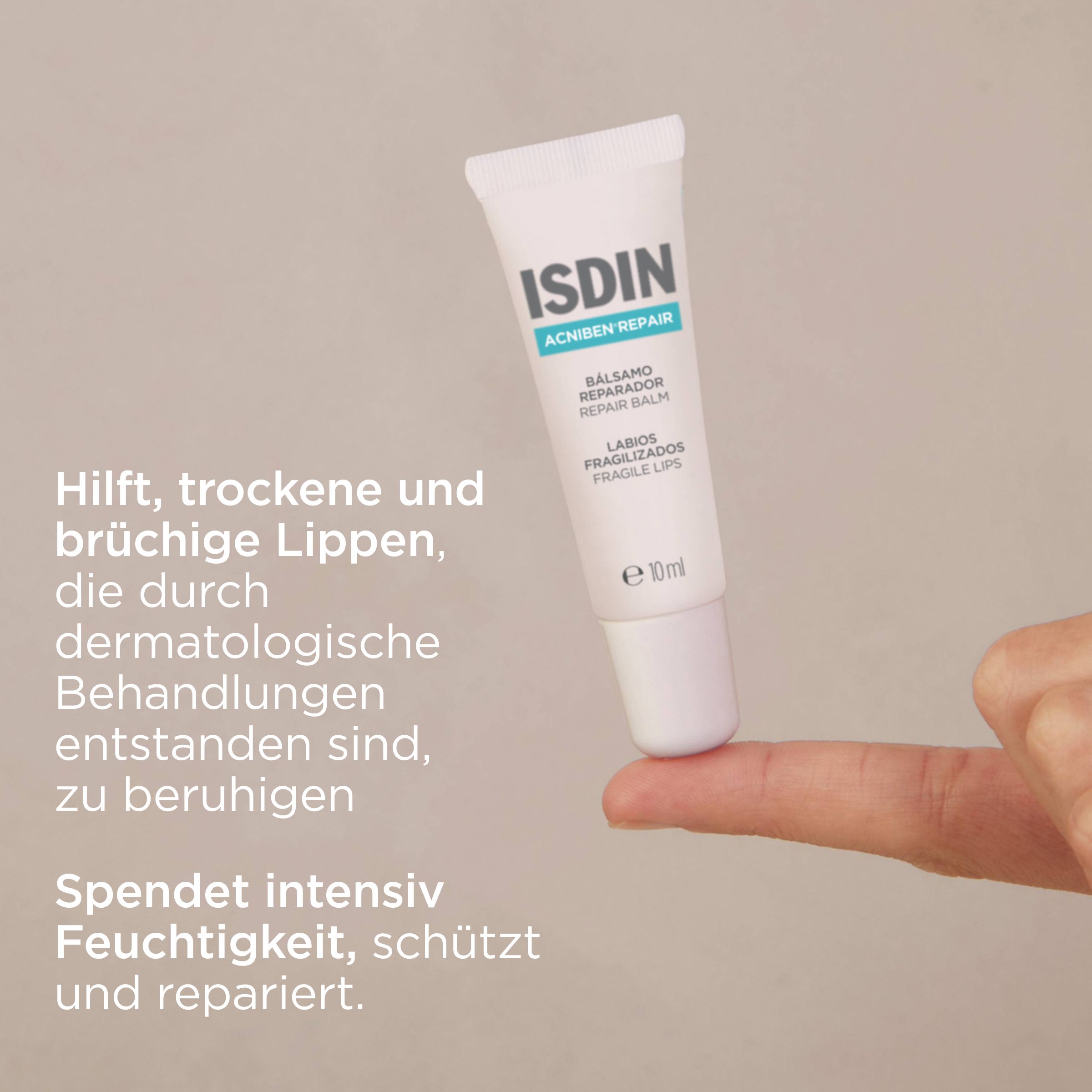Tube ISDIN Acniben Repair. Text: Hilft bei trockenen und brüchigen Lippen. Spendet Feuchtigkeit.