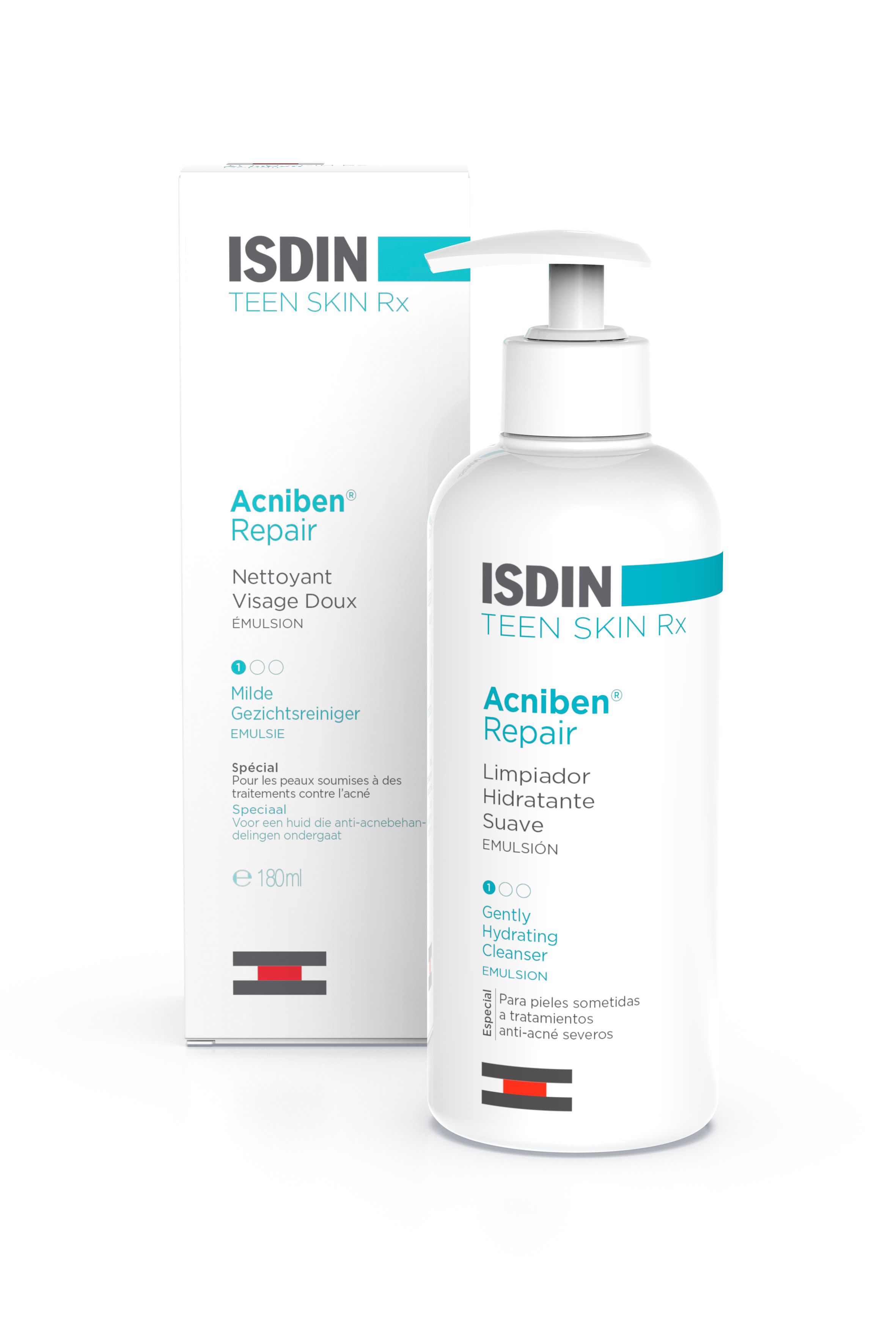 Weiße Flasche mit Pumpe und Karton. Aufschrift: ISDIN, Acniben Repair, Reinigungsemulsion.