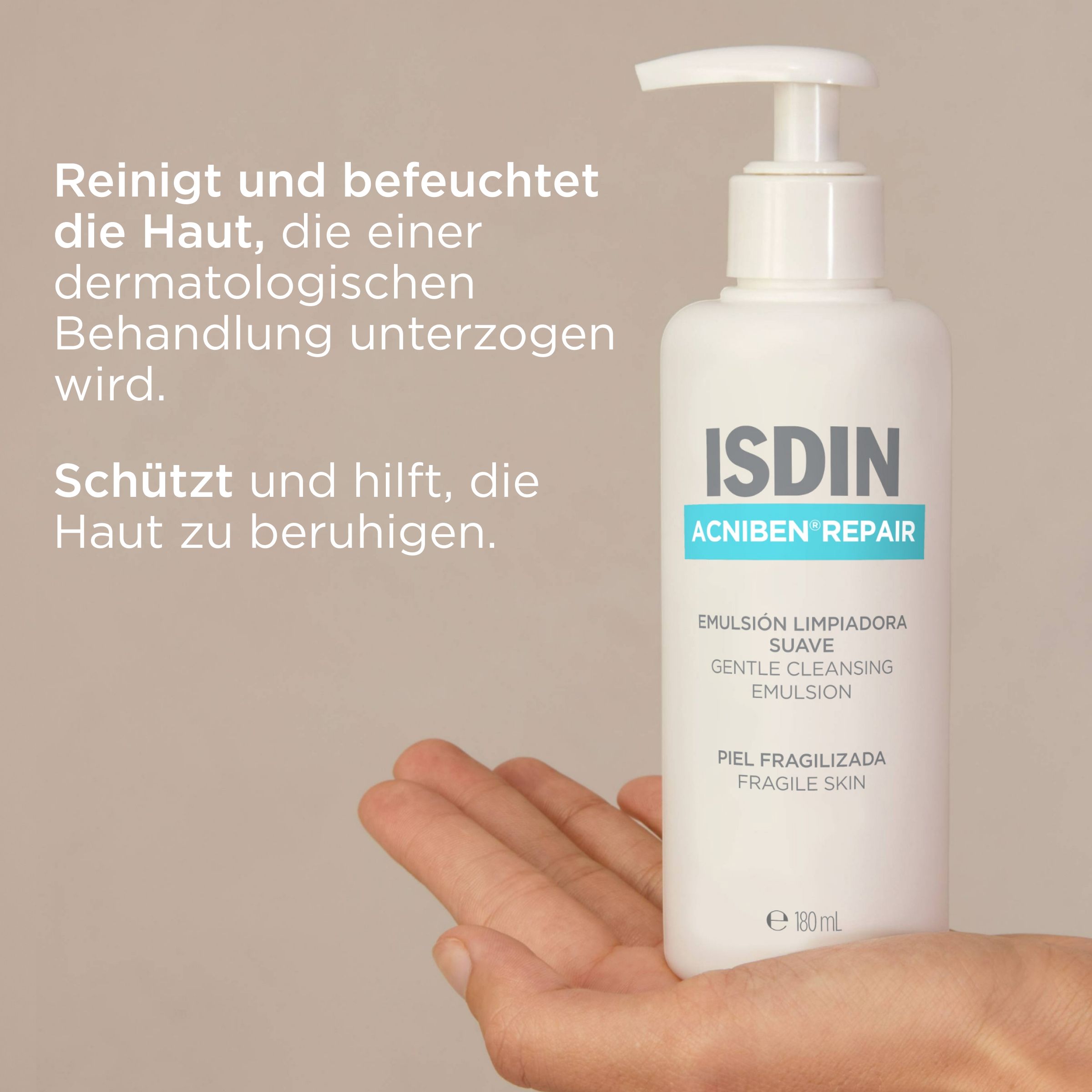 Weiße Flasche mit Pumpe. Aufschrift: ISDIN, Acniben Repair. Text: Reinigt und befeuchtet die Haut.