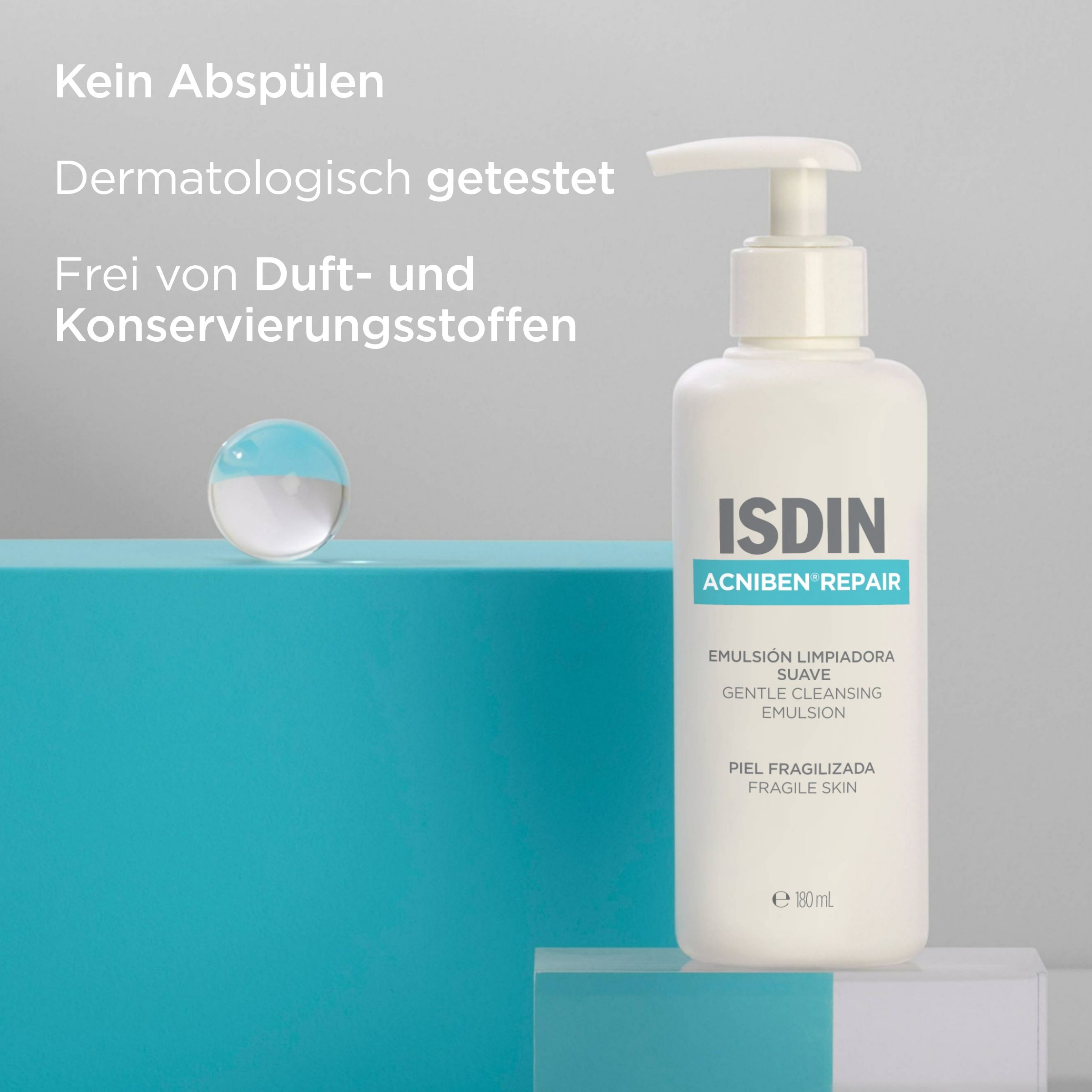 Weiße Flasche mit Pumpe. Aufschrift: ISDIN, Acniben Repair. Text: Dermatologisch getestet. Frei von Duftstoffen.