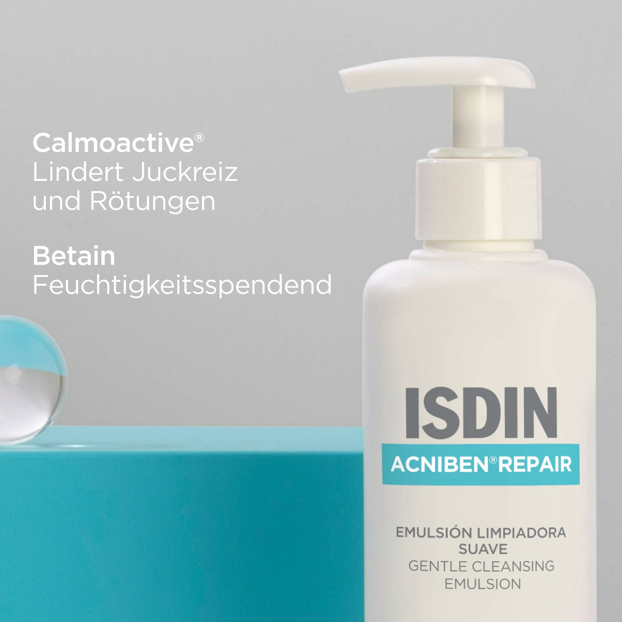 Weiße Flasche mit Pumpe. Aufschrift: ISDIN, Acniben Repair. Text: Lindert Juckreiz und Rötungen. Feuchtigkeitsspendend.