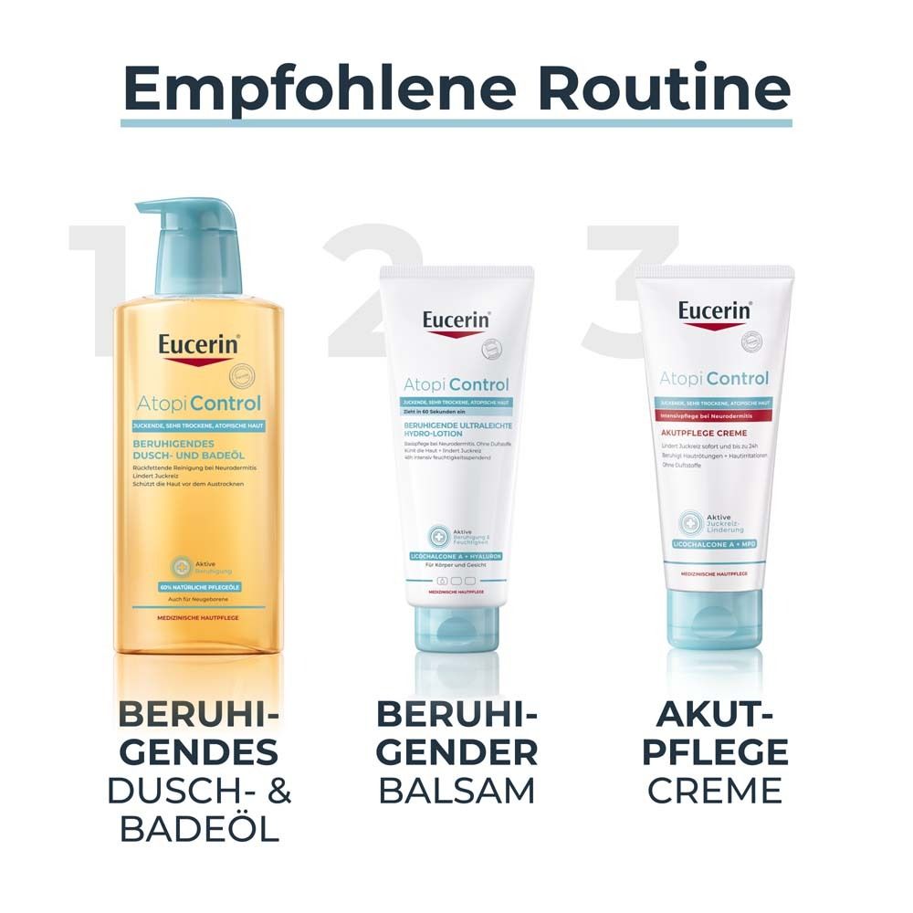 Eucerin® AtopiControl Akutpflege Creme hilft wirksam bei akuten Neurodermitisschüben, gegen Juckreiz, Hautrötungen und Entzündungen