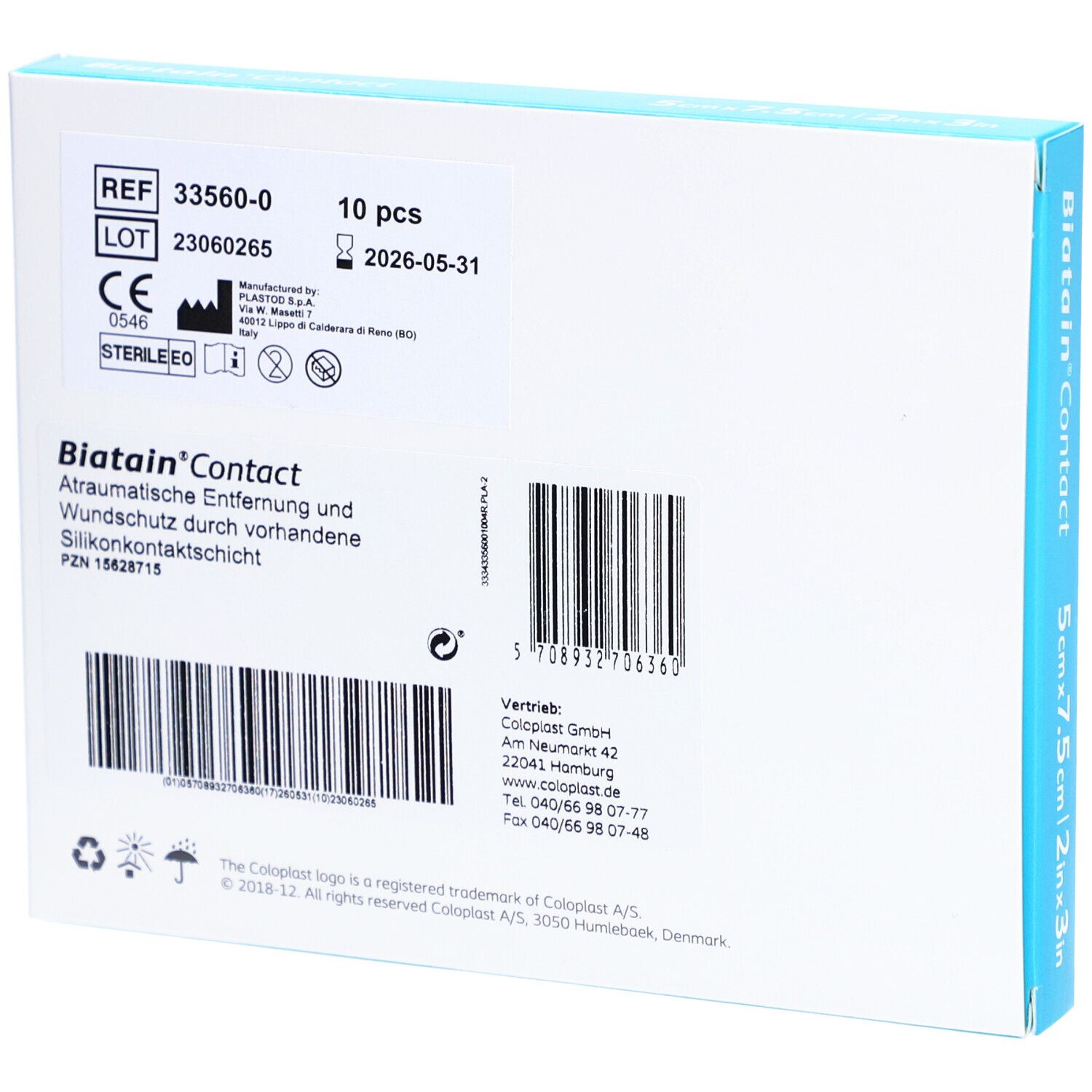 Biatain Contact Rückseite: 10 sterile Stück, CE-Kennzeichnung, Herstellerinformationen.