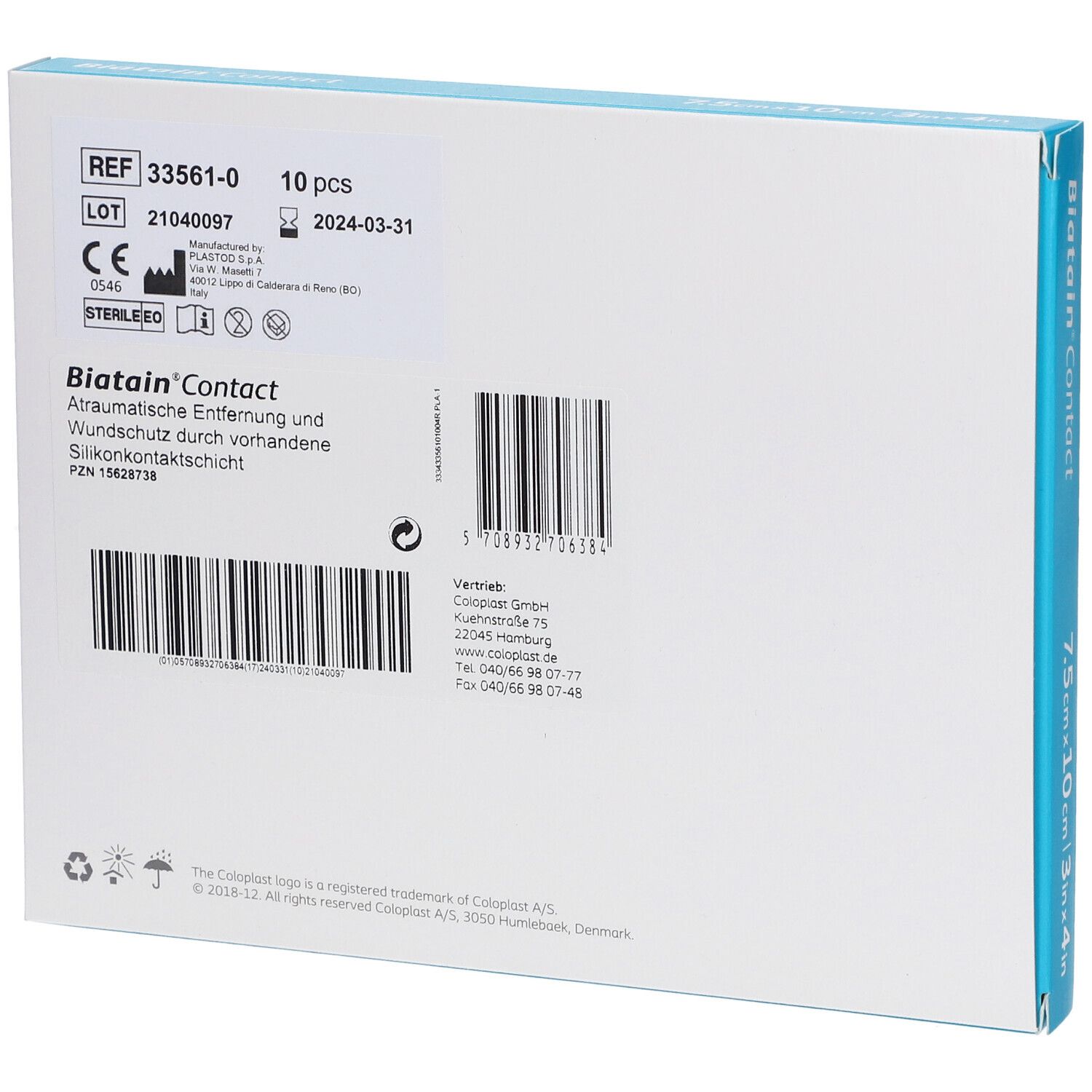 Rückseite Verpackung Biatain Contact, 10 Stück, CE-Zeichen, Steril.