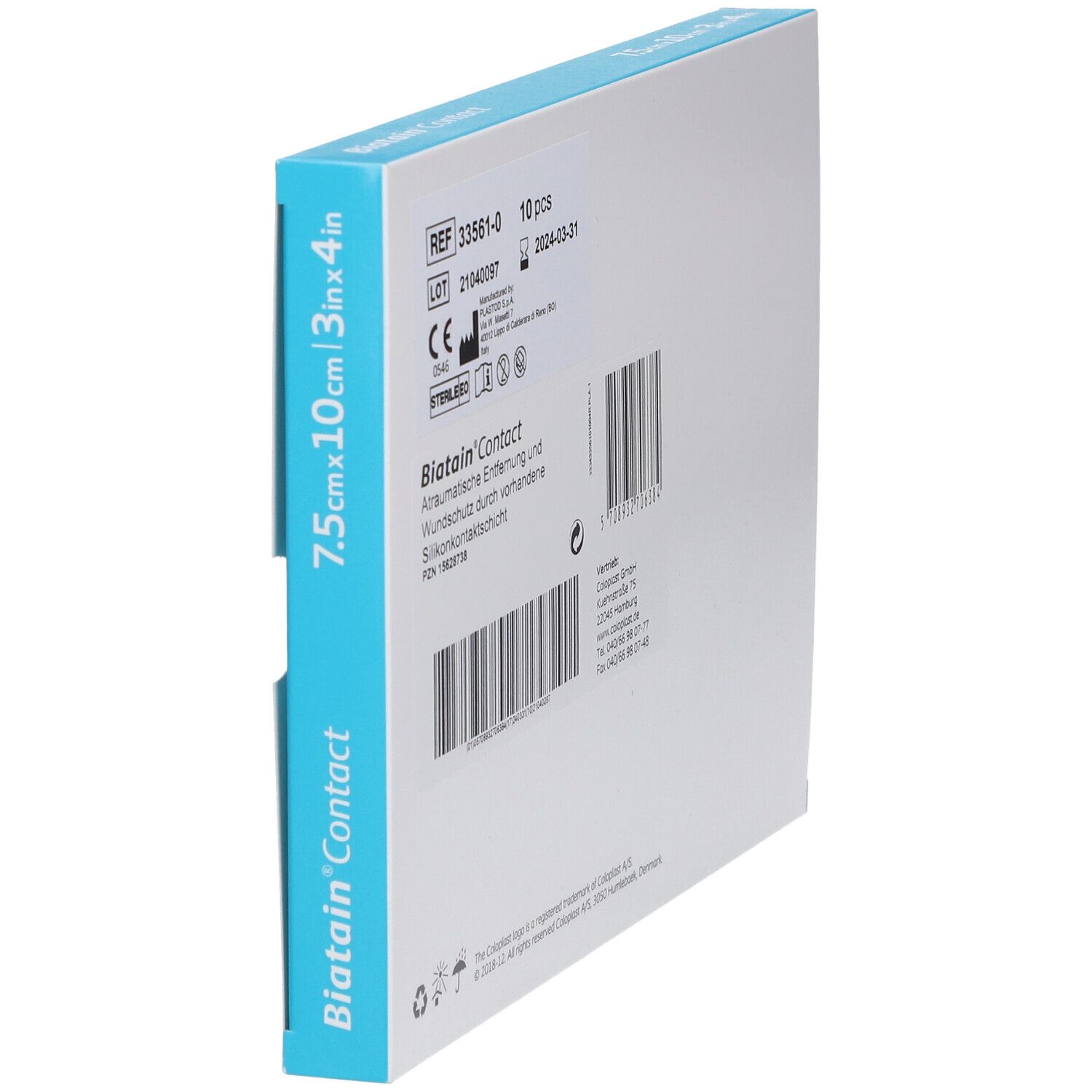 Seitenansicht Verpackung Biatain Contact Wundauflage 7,5x10cm, Coloplast.