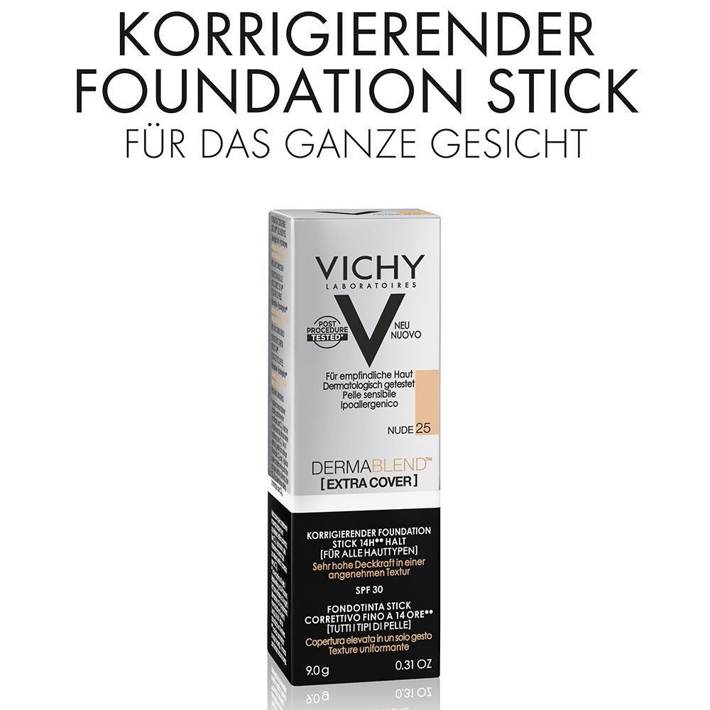 Verpackung. Vichy Dermablend Extra Cover Stick. Text: Korrigierender Foundation Stick.