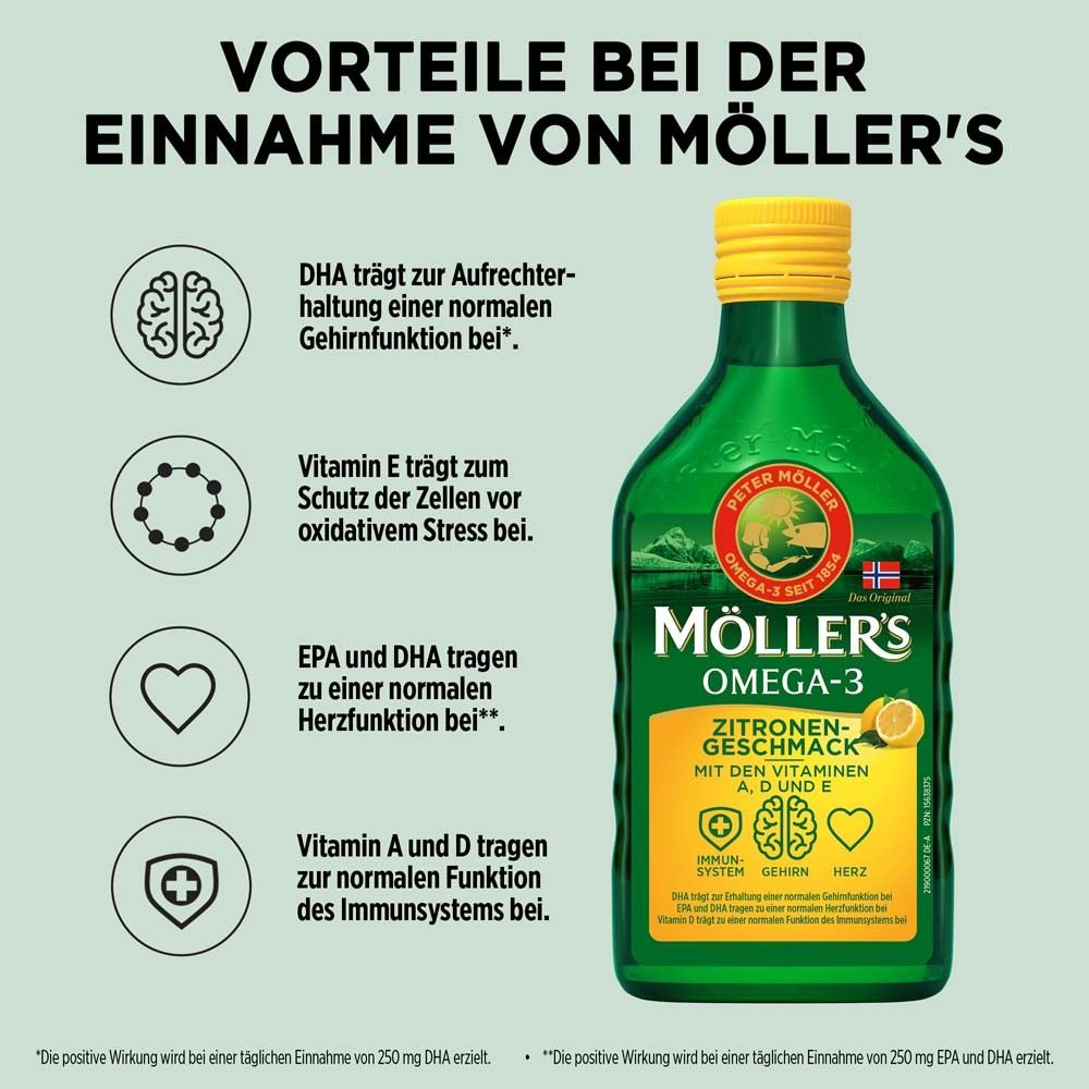 Möller's Omega-3 Zitrone Flasche. Vorteile bei der Einnahme. Symbole für Gehirn, Herz, Immunsystem. Mit Vitaminen.