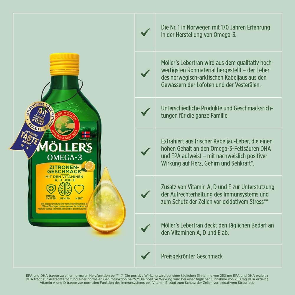 Möller's Omega-3 Zitrone Flasche. Vorteile und Informationen. Auszeichnung. Tropfen Öl. Mit Vitaminen A, D und E.
