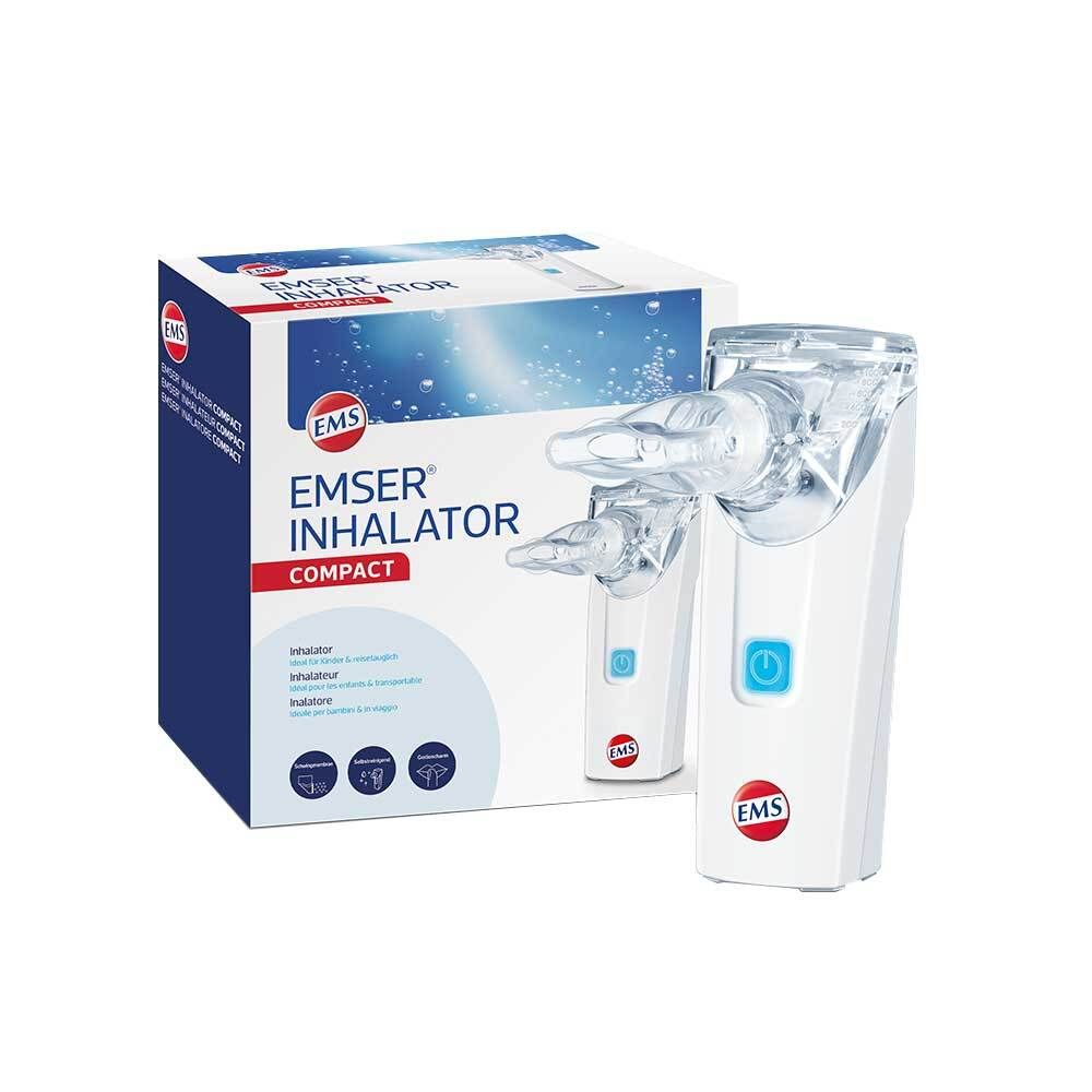 Weißer EMSER® Inhalator Compact mit Verpackung. Auf der Verpackung steht EMSER® INHALATOR COMPACT.