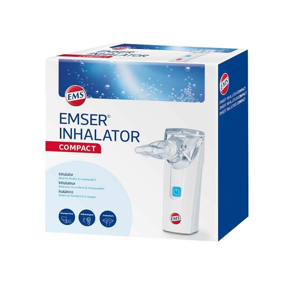Verpackung des EMSER® Inhalator Compact. Auf der Verpackung steht EMSER® INHALATOR COMPACT.