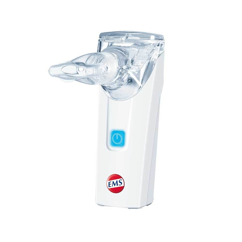 Weißer EMSER® Inhalator Compact. Der Inhalator hat einen blauen Knopf und ein transparentes Mundstück.