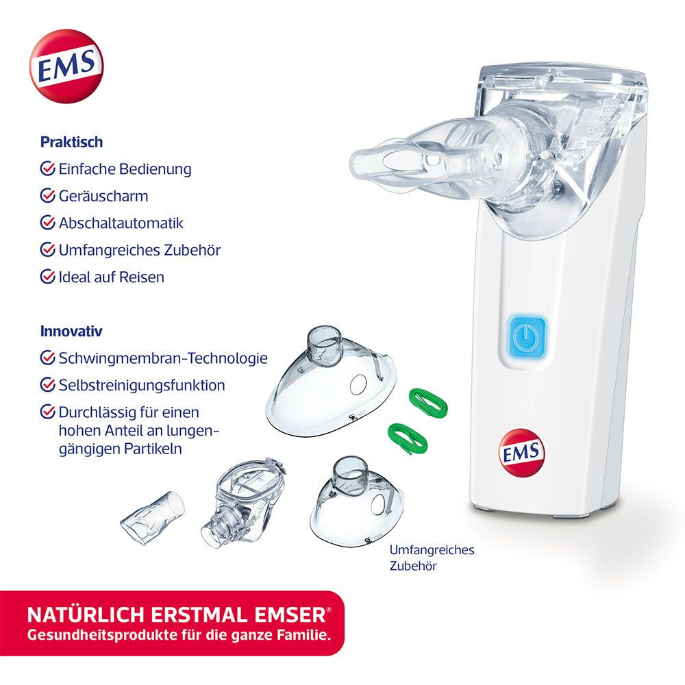 Weißer EMSER® Inhalator Compact mit Zubehör. Auf dem Bild sind auch Masken und grüne Ringe zu sehen.