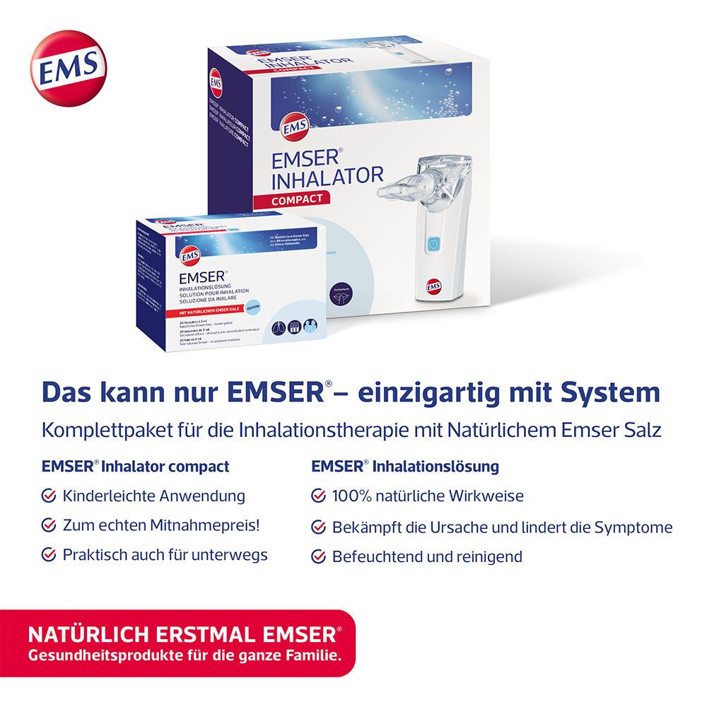 Verpackung des EMSER® Inhalator Compact und weitere Produkte. Auf der Verpackung steht EMSER® INHALATOR COMPACT.