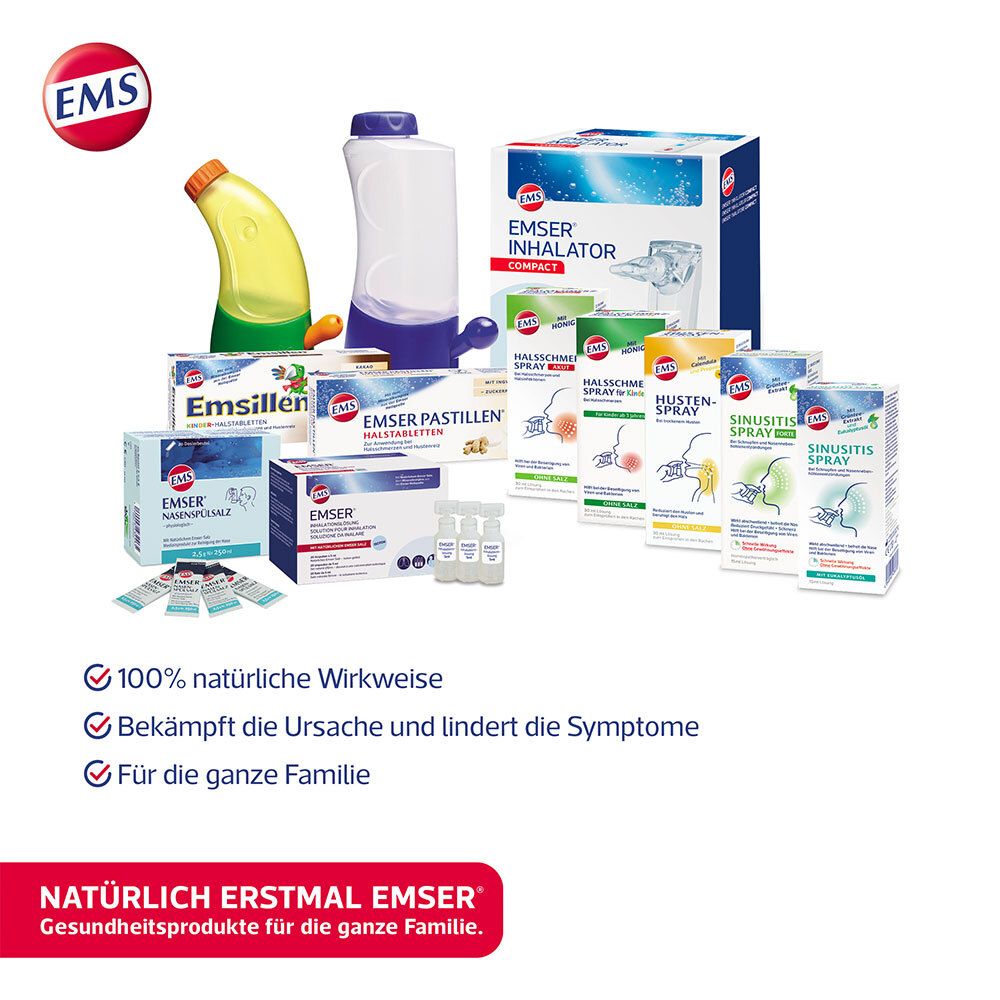 Verschiedene Produkte der Marke EMSER. Auf dem Bild sind auch Verpackungen des EMSER® Inhalator Compact zu sehen.