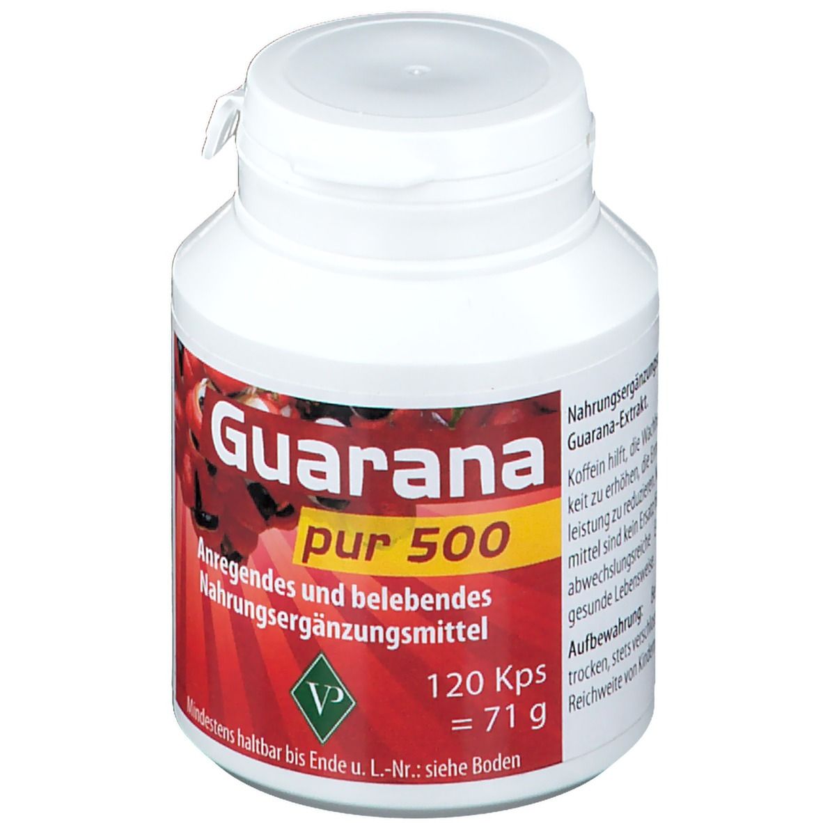 Weiße Dose mit rotem Etikett. Aufschrift: Guarana pur 500. Enthält 120 Kps, 71 g. Nahrungsergänzungsmittel.