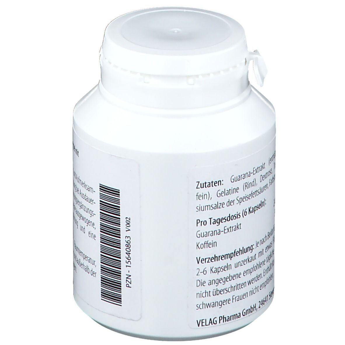 Weiße Dose mit Text. Zutaten: Guarana-Extrakt, Gelatine, Dextrose. PZN-15640863 V002. Velag Pharma GmbH.