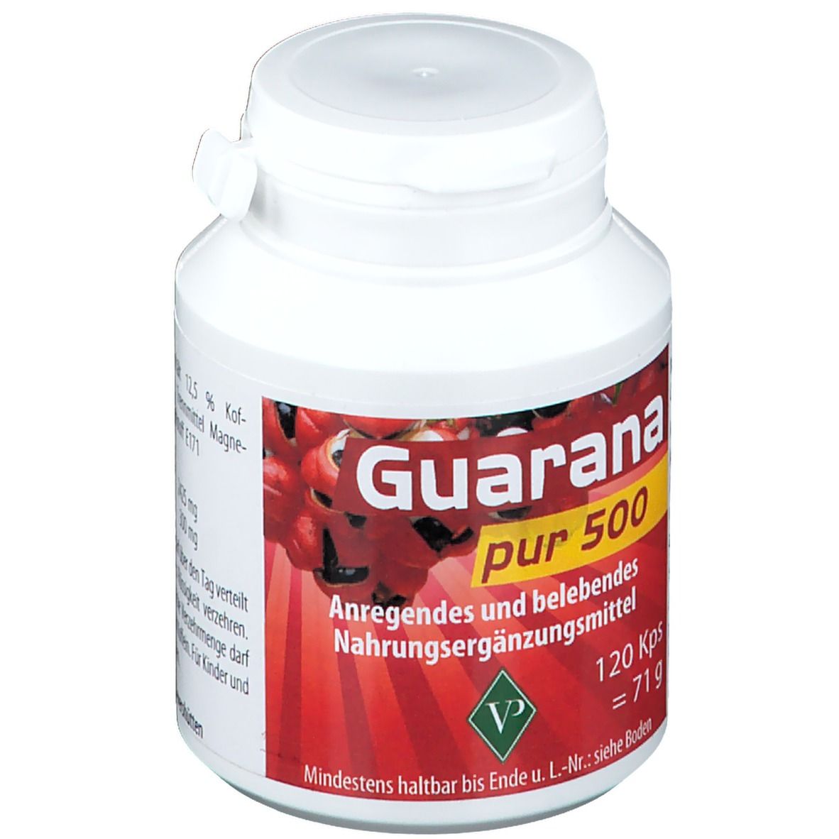 Weiße Dose mit rotem Etikett. Aufschrift: Guarana pur 500. Enthält 120 Kps, 71 g. Nahrungsergänzungsmittel.