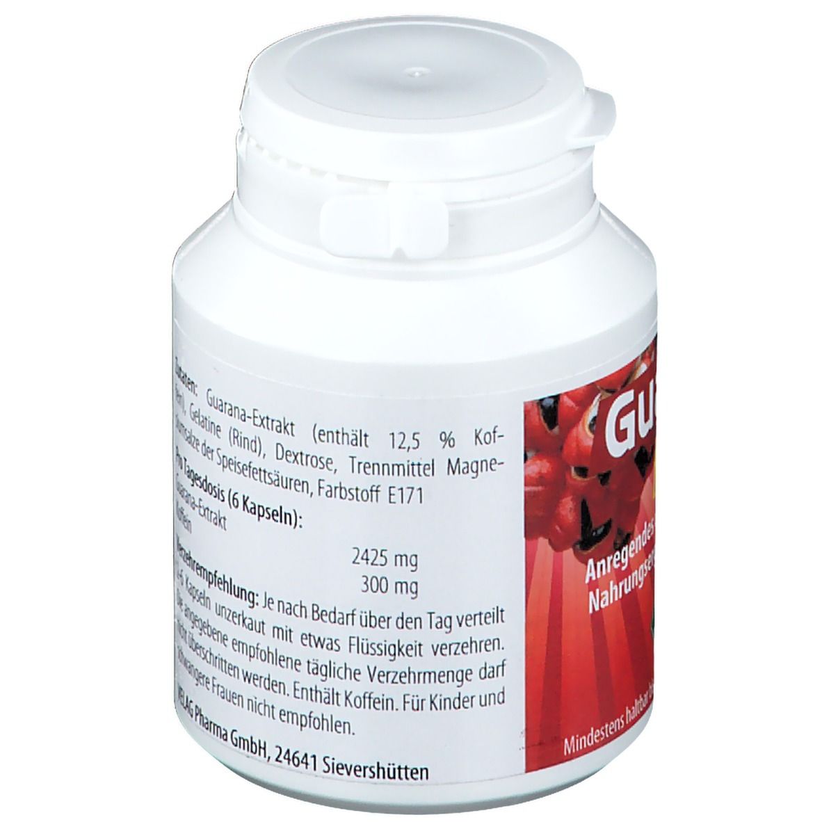 Weiße Dose mit rotem Etikett. Aufschrift: Guarana pur 500. Enthält 12,5 % Koffein. Velag Pharma GmbH.