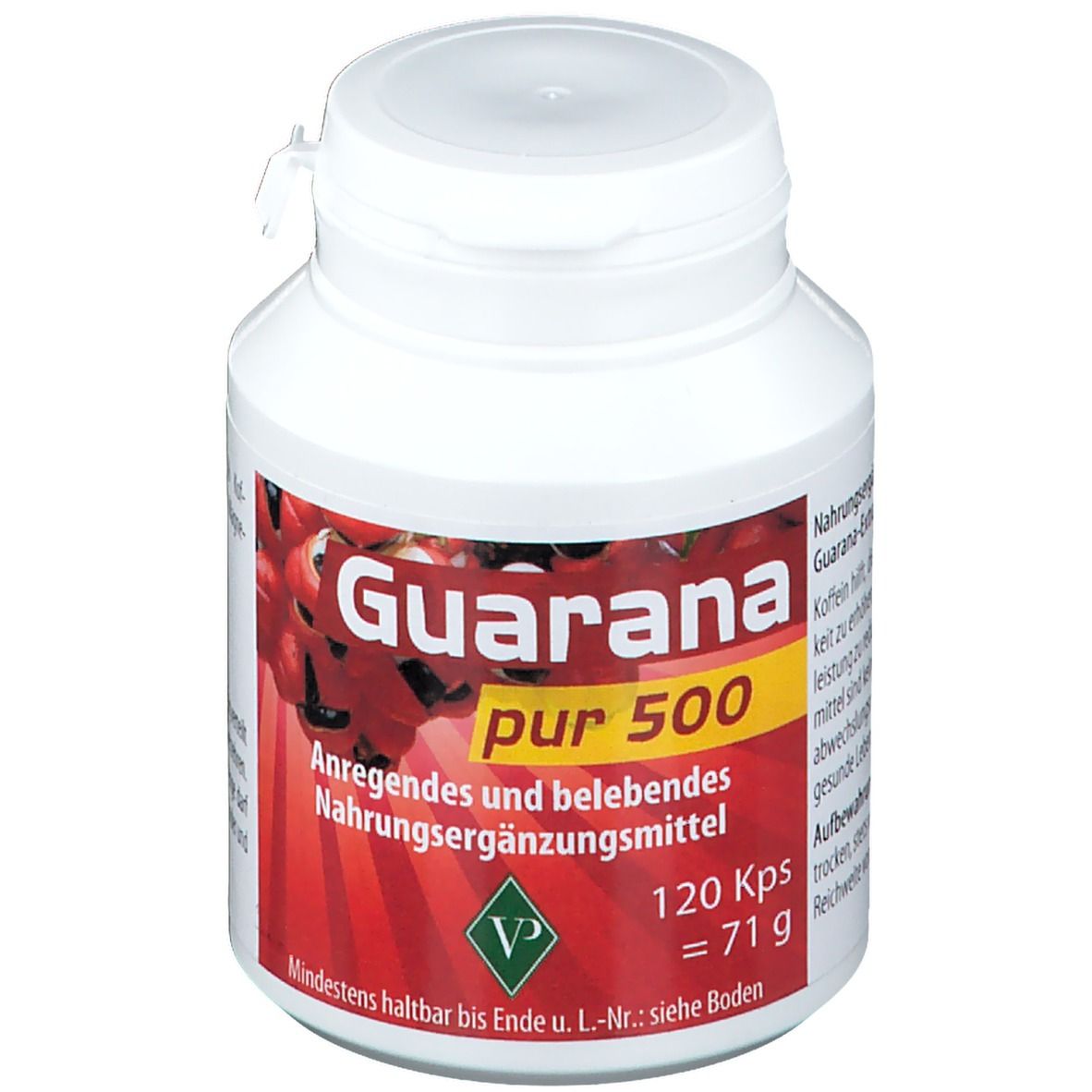 Weiße Dose mit rotem Etikett. Aufschrift: Guarana pur 500. Enthält 120 Kps, 71 g. Nahrungsergänzungsmittel.