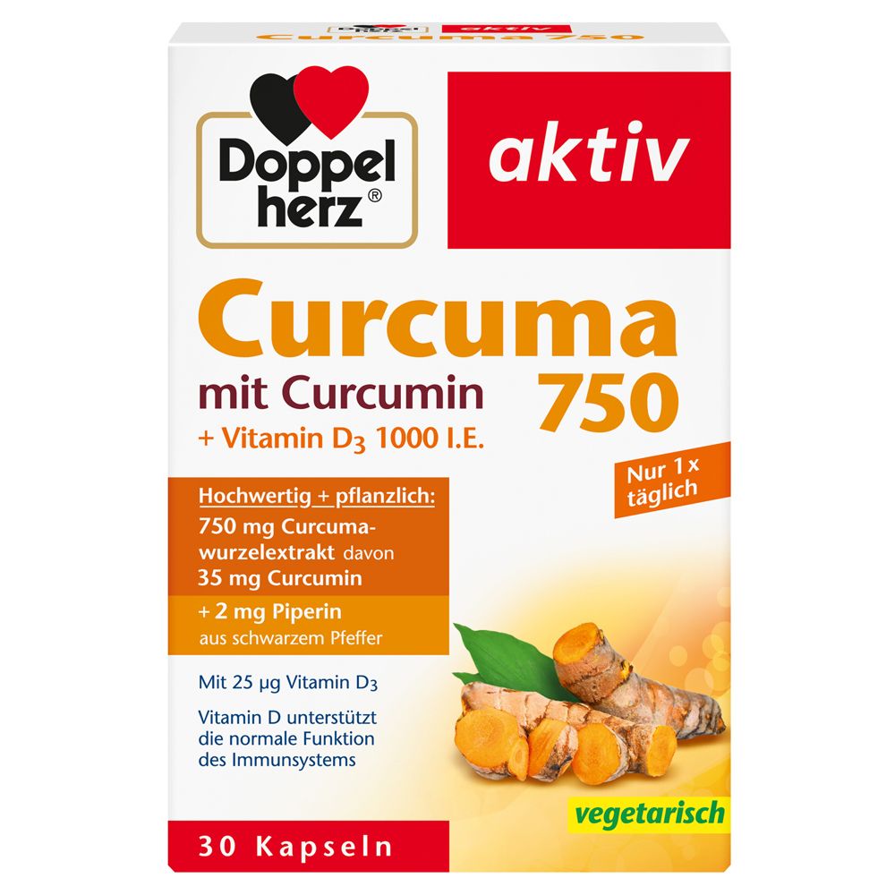 Doppelherz aktiv Curcuma 750. Weiße Schachtel mit Produktinformationen und Abbildung von Kurkuma-Wurzeln.