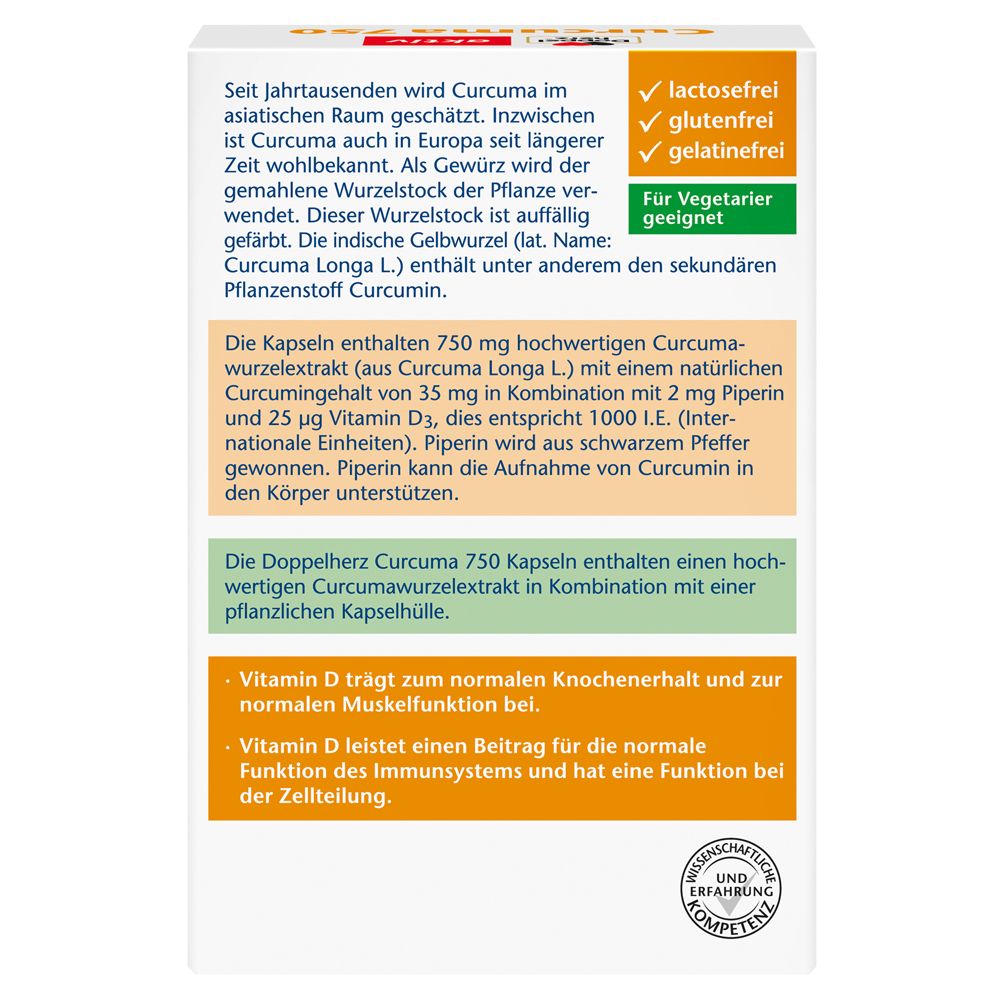 Rückseite der Doppelherz aktiv Curcuma 750 Verpackung mit Text und Logos. Enthält Informationen zum Produkt.