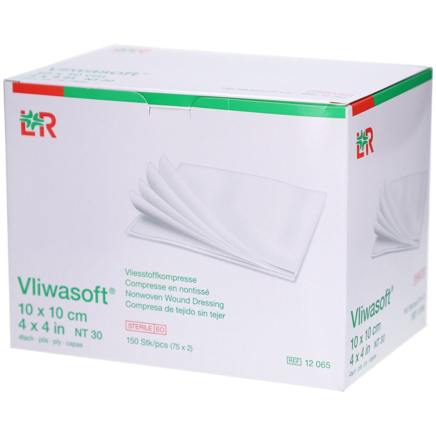 Vliwasoft Kompressen-Packung. 10 x 10 cm, steril. 150 Stück. Weißes Verbandsmaterial sichtbar.