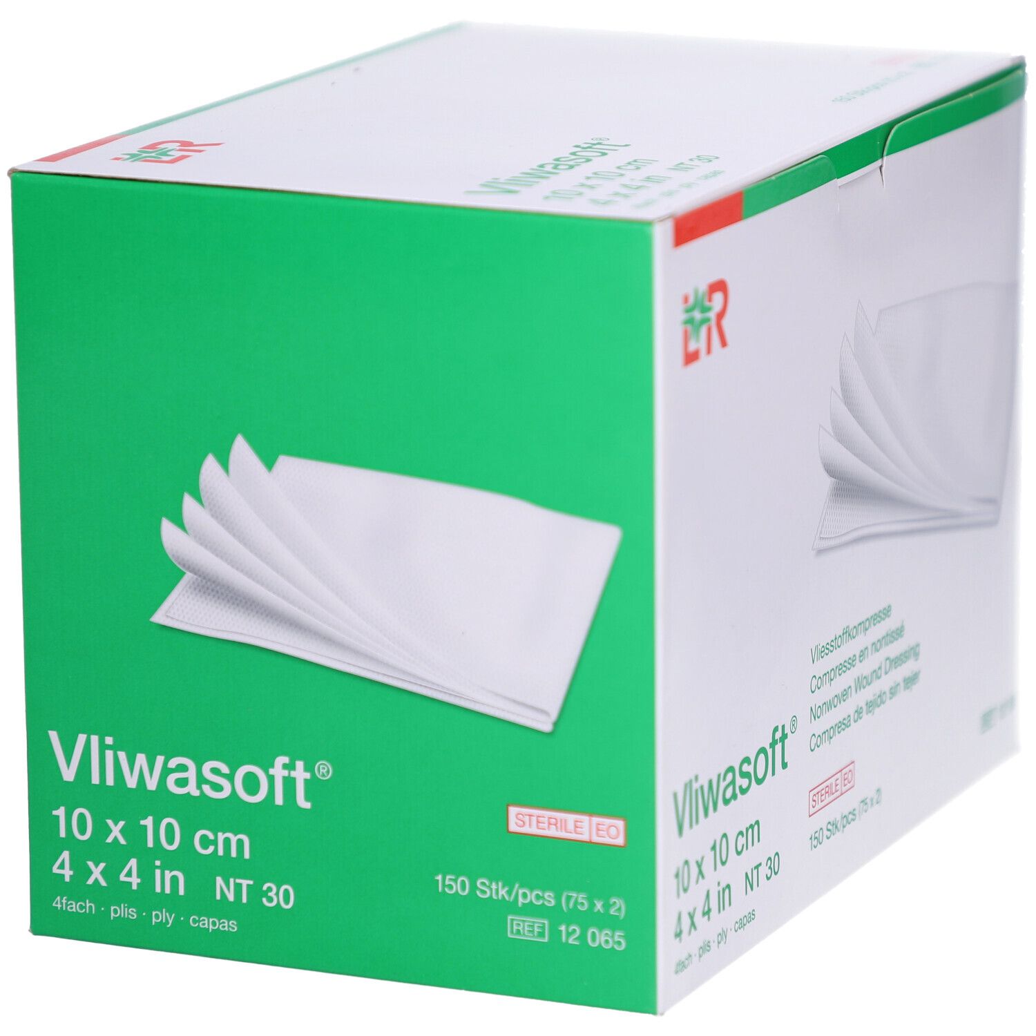 Vliwasoft-Packung, grün-weiß. 10 x 10 cm, steril. 150 Stück. Weiße Kompressen sichtbar.