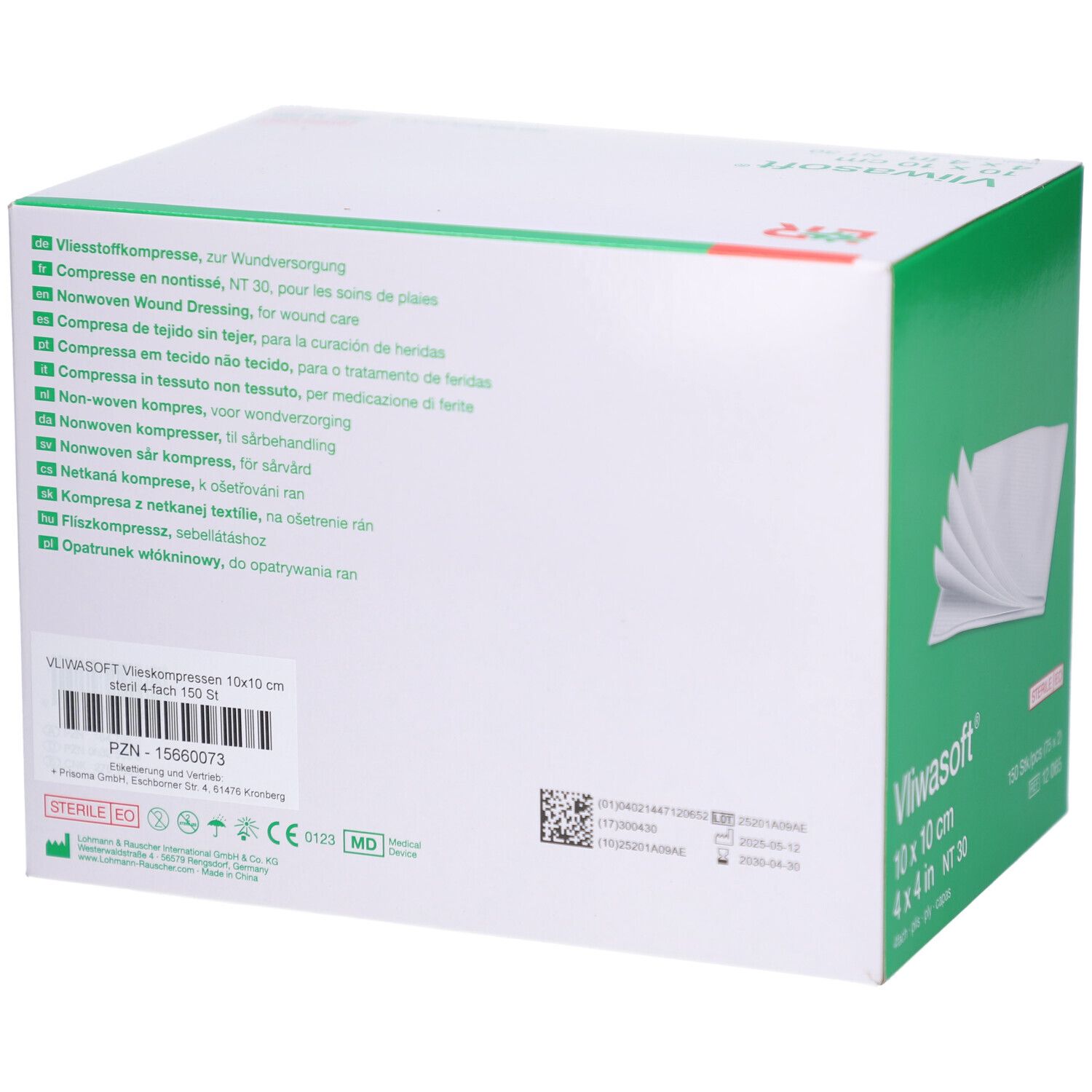 Rückseite der Vliwasoft-Packung. Text in mehreren Sprachen. Produktinformationen und Zertifizierungen.