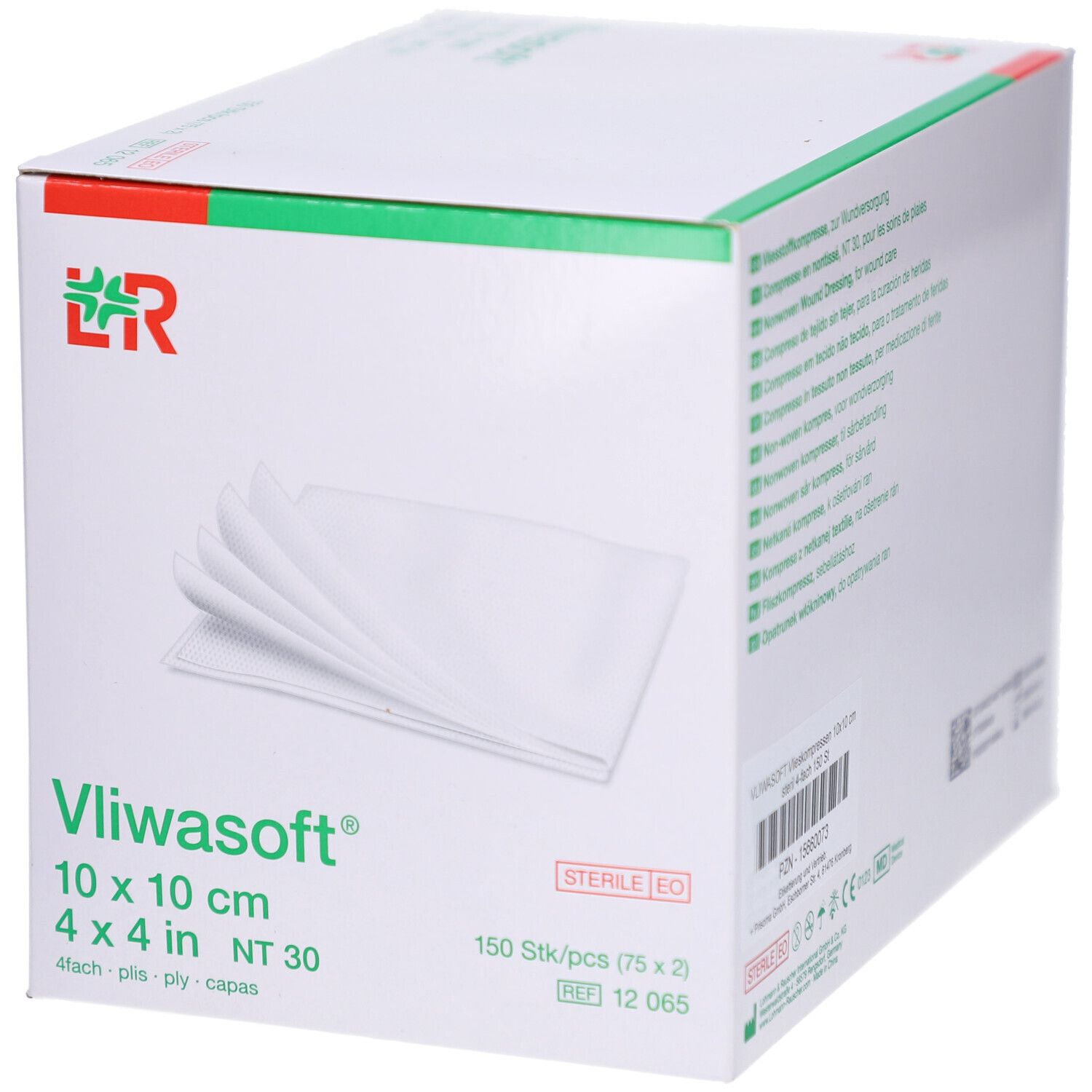 Vliwasoft-Packung, grün-weiß. 10 x 10 cm, steril. 150 Stück. Weiße Kompressen sichtbar.