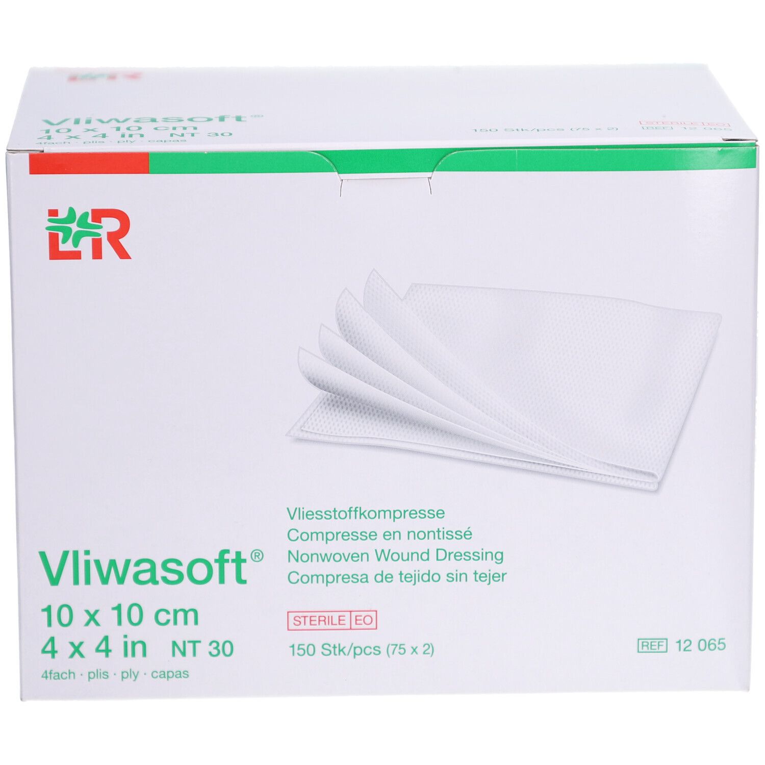 Vliwasoft-Packung, grün-weiß. 10 x 10 cm, steril. 150 Stück. Weiße Kompressen sichtbar.