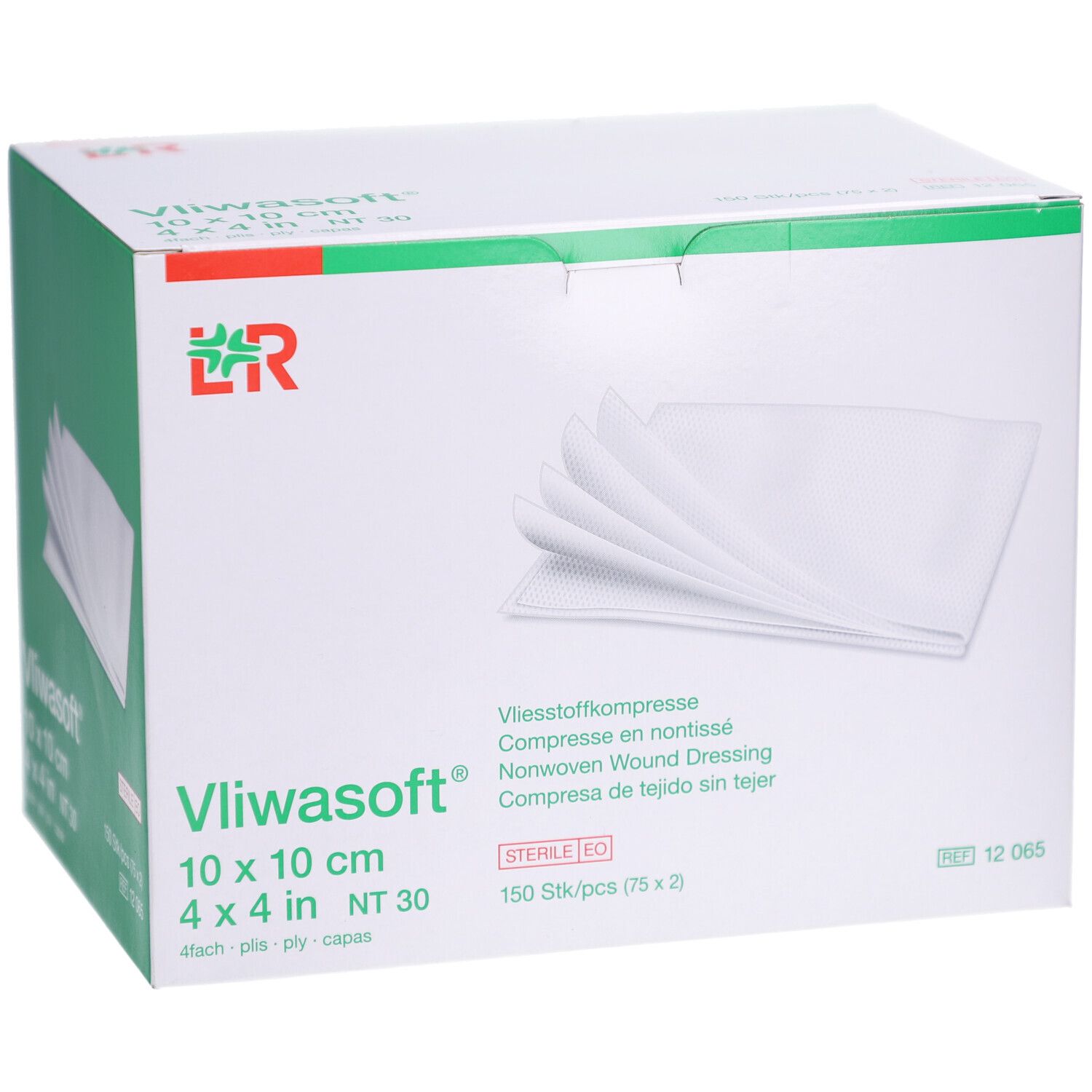 Vliwasoft-Packung, grün-weiß. 10 x 10 cm, steril. 150 Stück. Weiße Kompressen sichtbar.