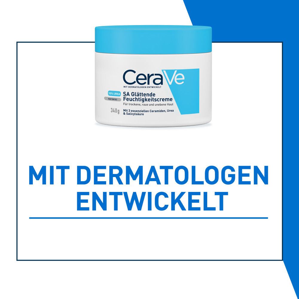 CeraVe SA Glättende Feuchtigkeitscreme. Text: Mit Dermatologen entwickelt.