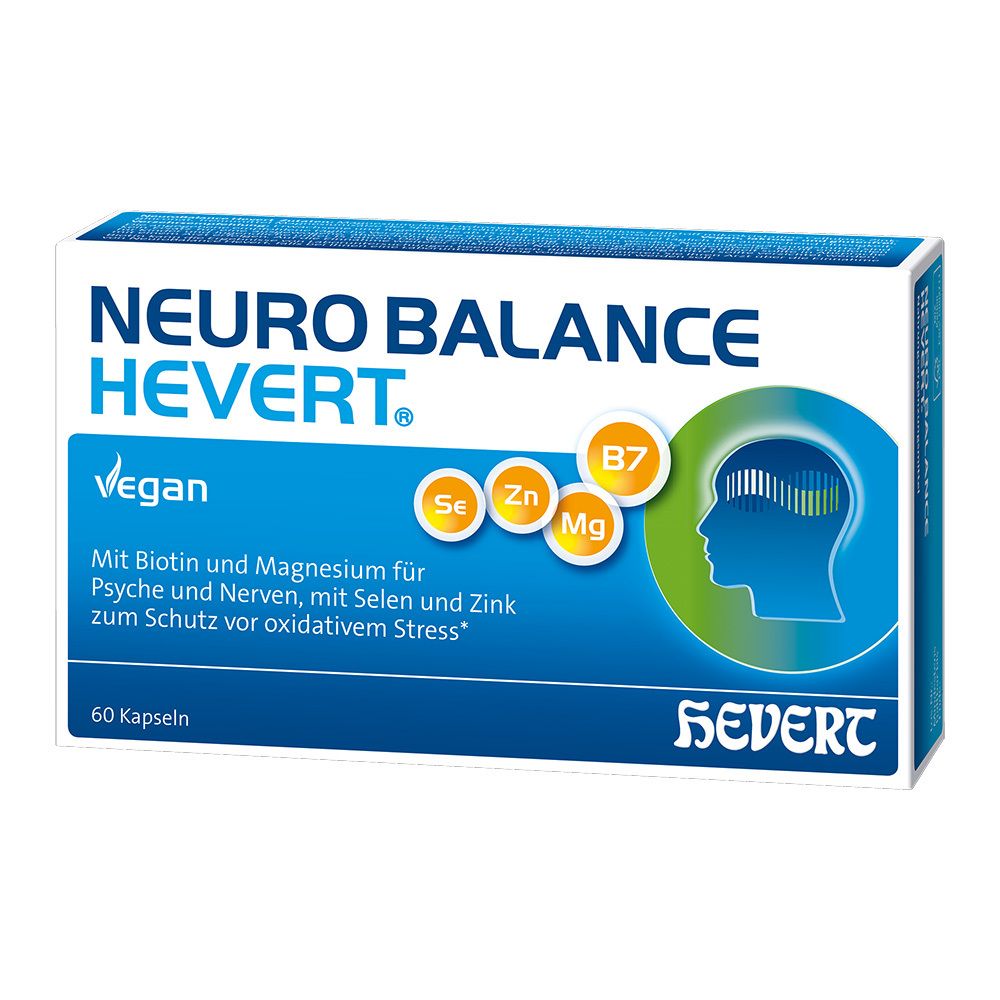 Karton Neuro Balance Hevert. Blaue und weiße Verpackung mit Produktnamen und Logo. Enthält 60 Kapseln. Vegan.
