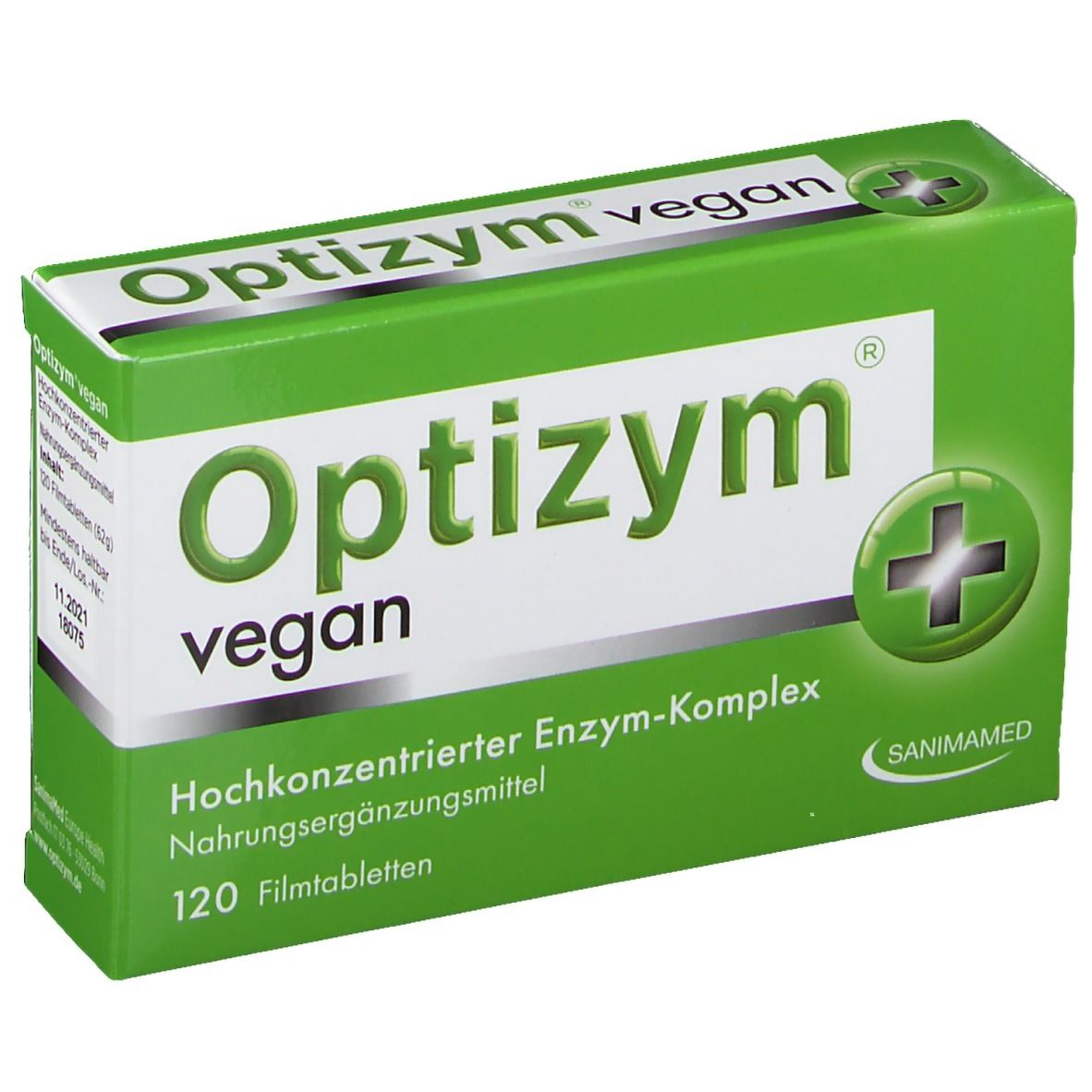 Grüne Schachtel "Optizym vegan". Enthält 120 Filmtabletten. Aufschrift: Hochkonzentrierter Enzym-Komplex, Nahrungsergänzungsmittel. Sanimamed Logo.