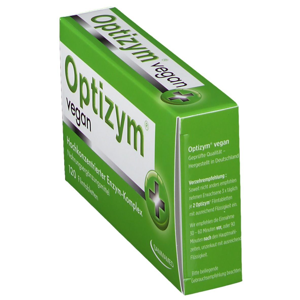 Grüne Schachtel "Optizym vegan". Enthält 120 Filmtabletten. Aufschrift: Hochkonzentrierter Enzym-Komplex, Nahrungsergänzungsmittel. Sanimamed Logo.